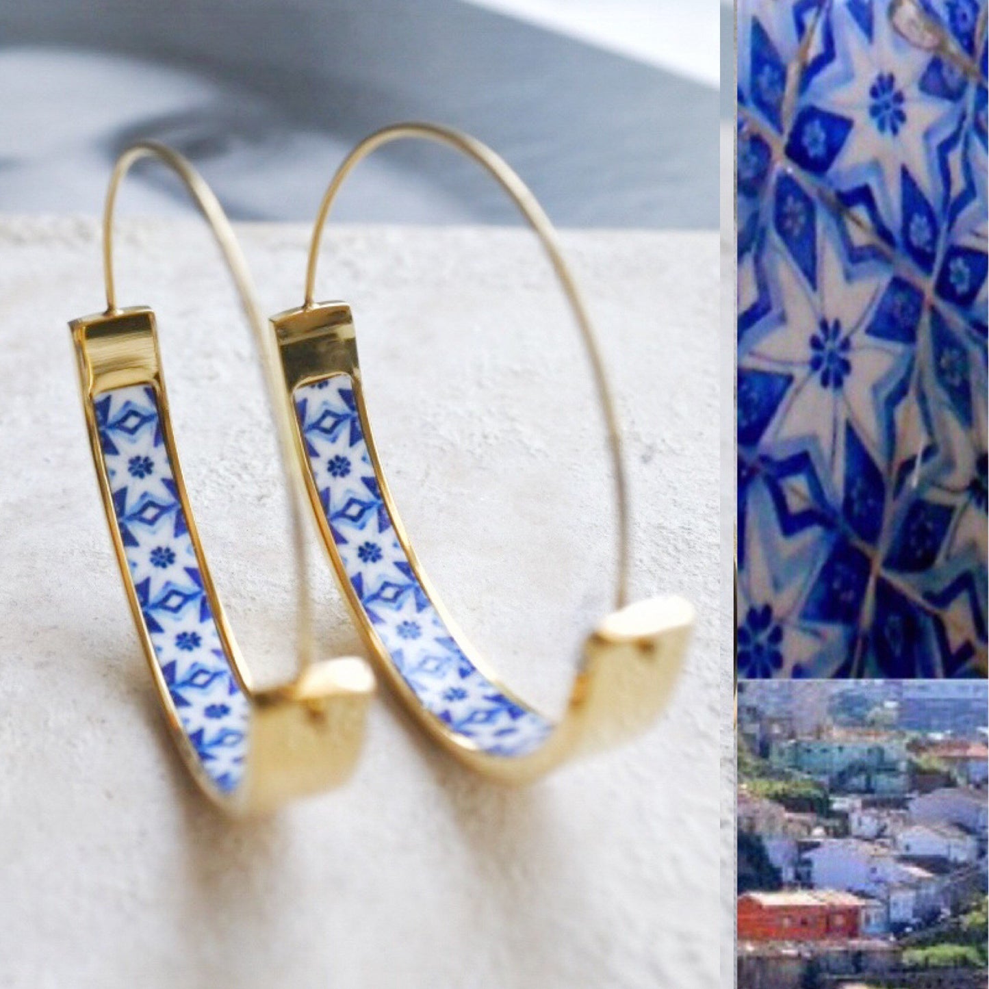 Earrings Hoops Atrio Tile Blue Portugal Azulejo Porto Lightweight Stainless Steel Ships from USA 1.50" Flat Bottom Pinterest Hypoallergenic