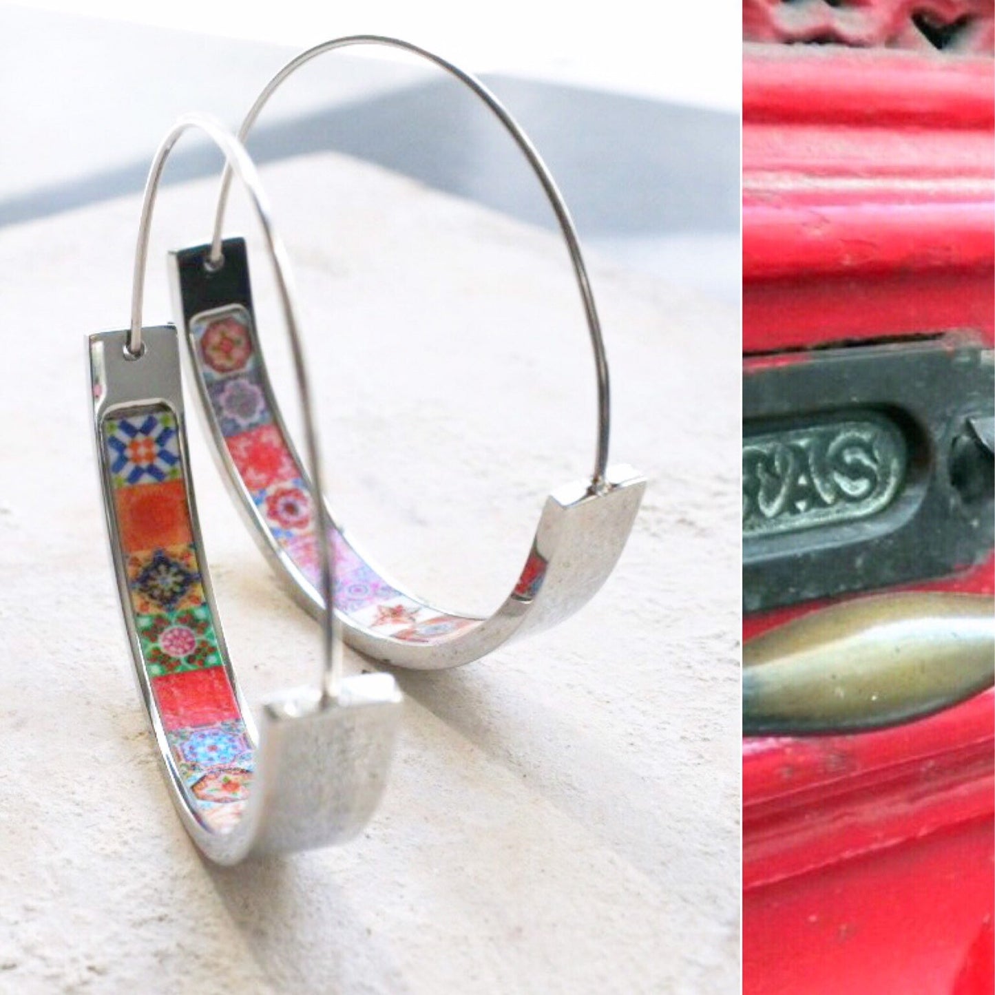 Hoops Atrio Flat Bottom Earrings Tile Portugal Stainless Steel Antique Azulejo - 1.50" Bold Color Talavera Tiles USA Shipping