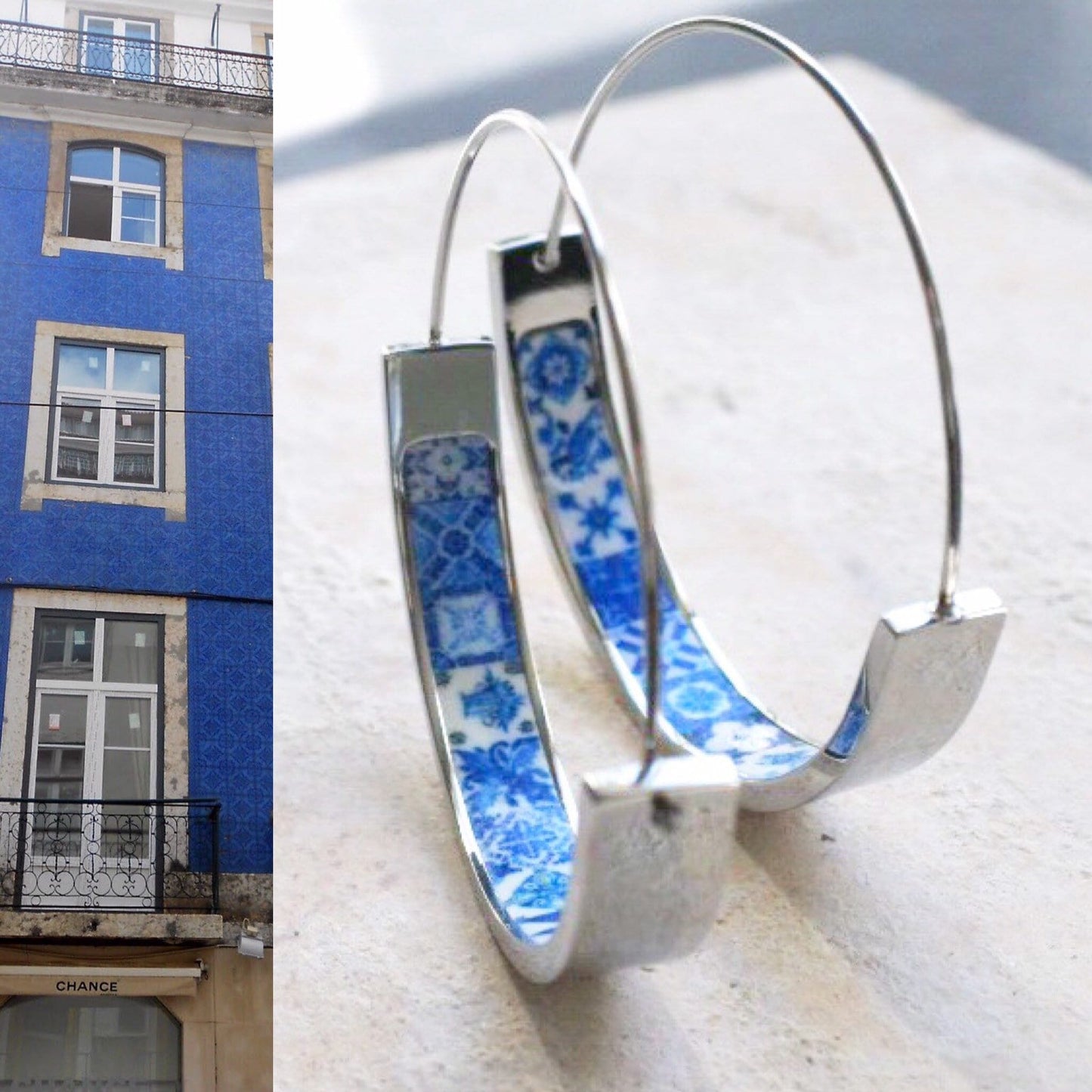 Earrings ATRIO Hoops Tile Portugal Stainless Steel Antique Azulejo - 1.50" Blue and White Tiles USA Shipping