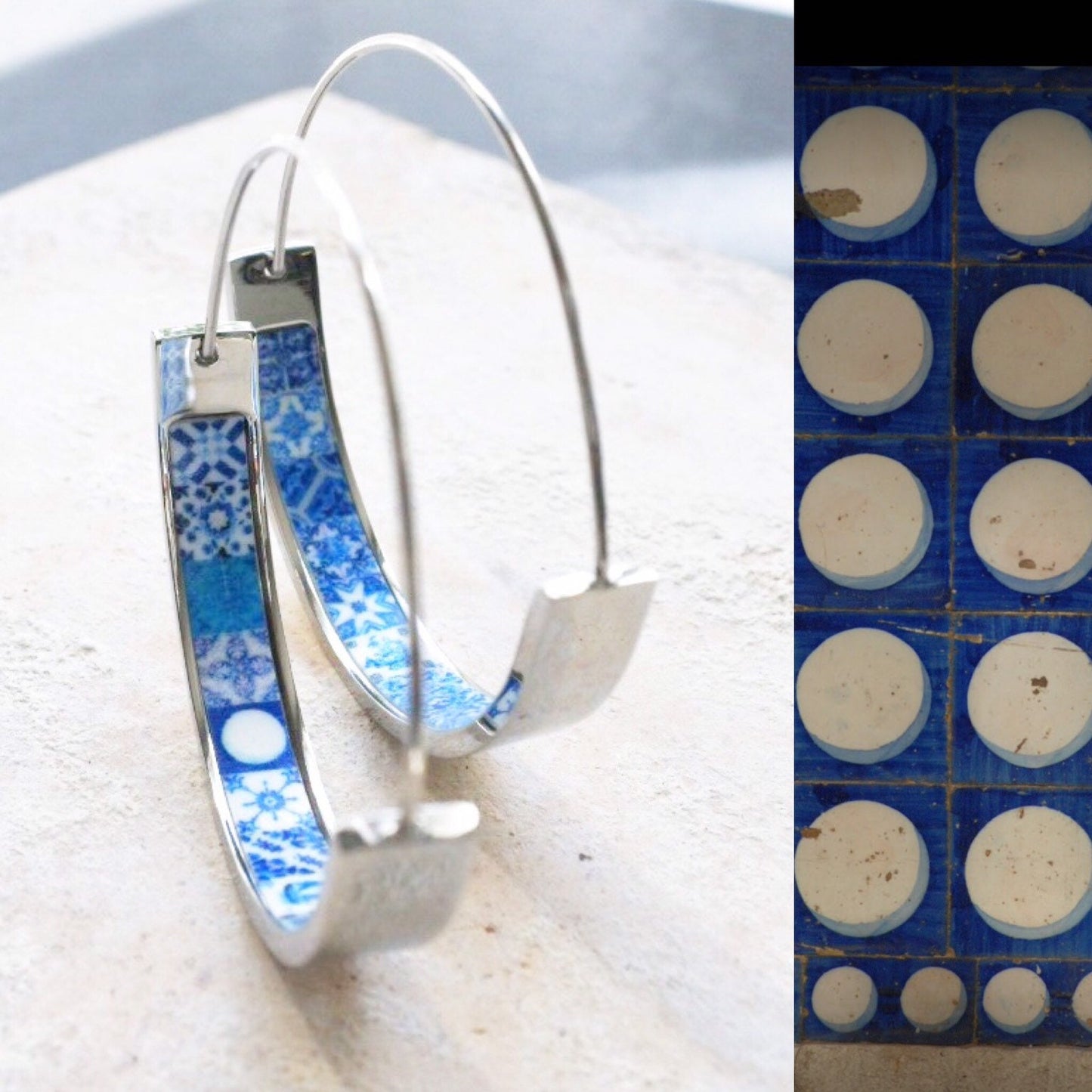 Hoops Earrings ATRIO Tile Portugal Stainless Steel Flat Bottom Antique Azulejo - 1.50” Blue White Tiles USA Shipping