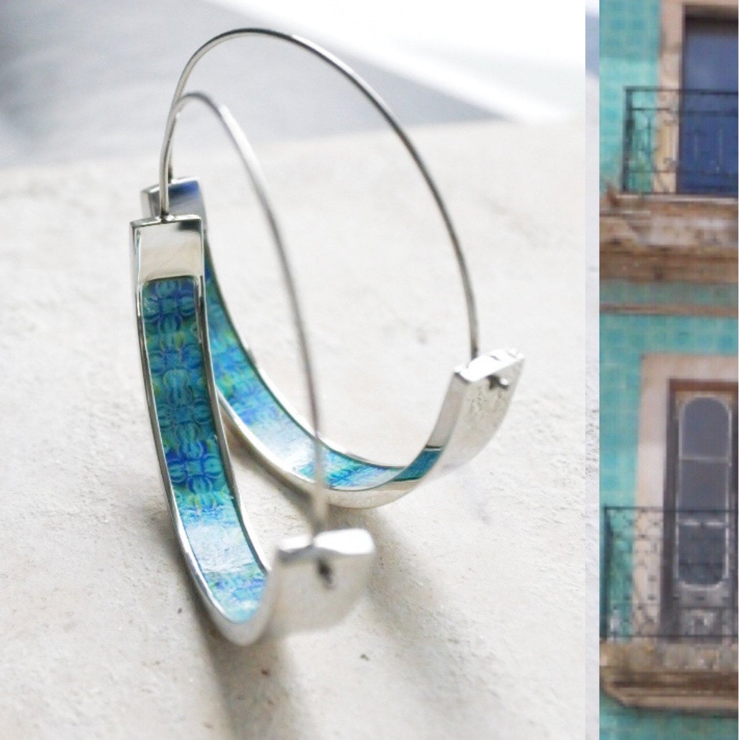 Hoop Earrings Atrio Portugal Tile Turquoise Azulejo Caldas da Rainha Persian Tiles Gift Boxed SOLID Stainless Steel Hypo Allergenic