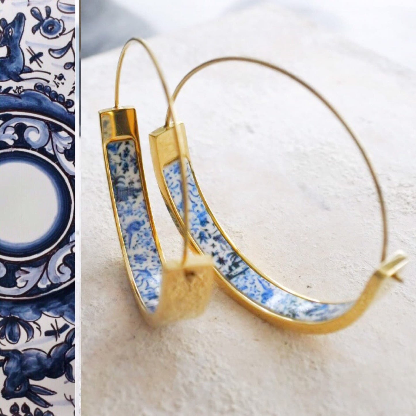 Atrio Hoop Earrings Coimbra Portugal 17th BLUE Century Pottery Ceramic DeeR Ceramicas Stainless Steel Hypoallergenic Ships from USA 1.50”