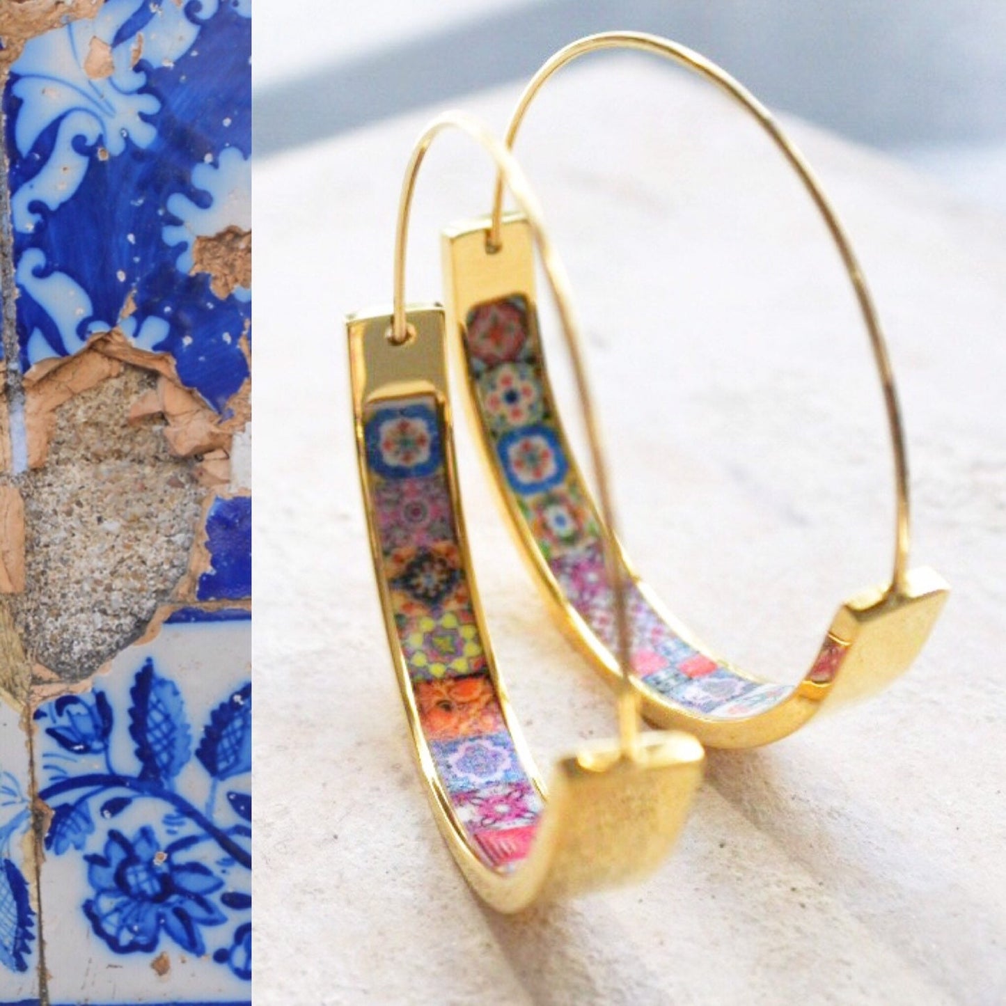 Hoops Earrings Atrio Flat Bottom Tile Portugal Stainless Steel Antique Azulejo - 1.50" Red and Pink Tiles USA Shipping