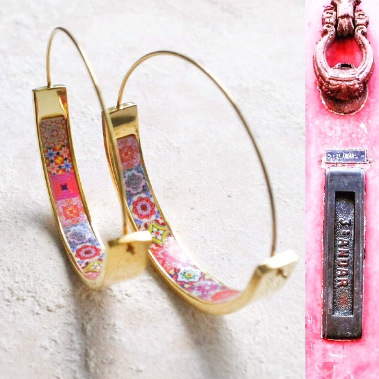Hoops Earrings Atrio Tile Portugal Stainless Steel Azulejo - 1.50" Pink and Red Tiles USA Shipping