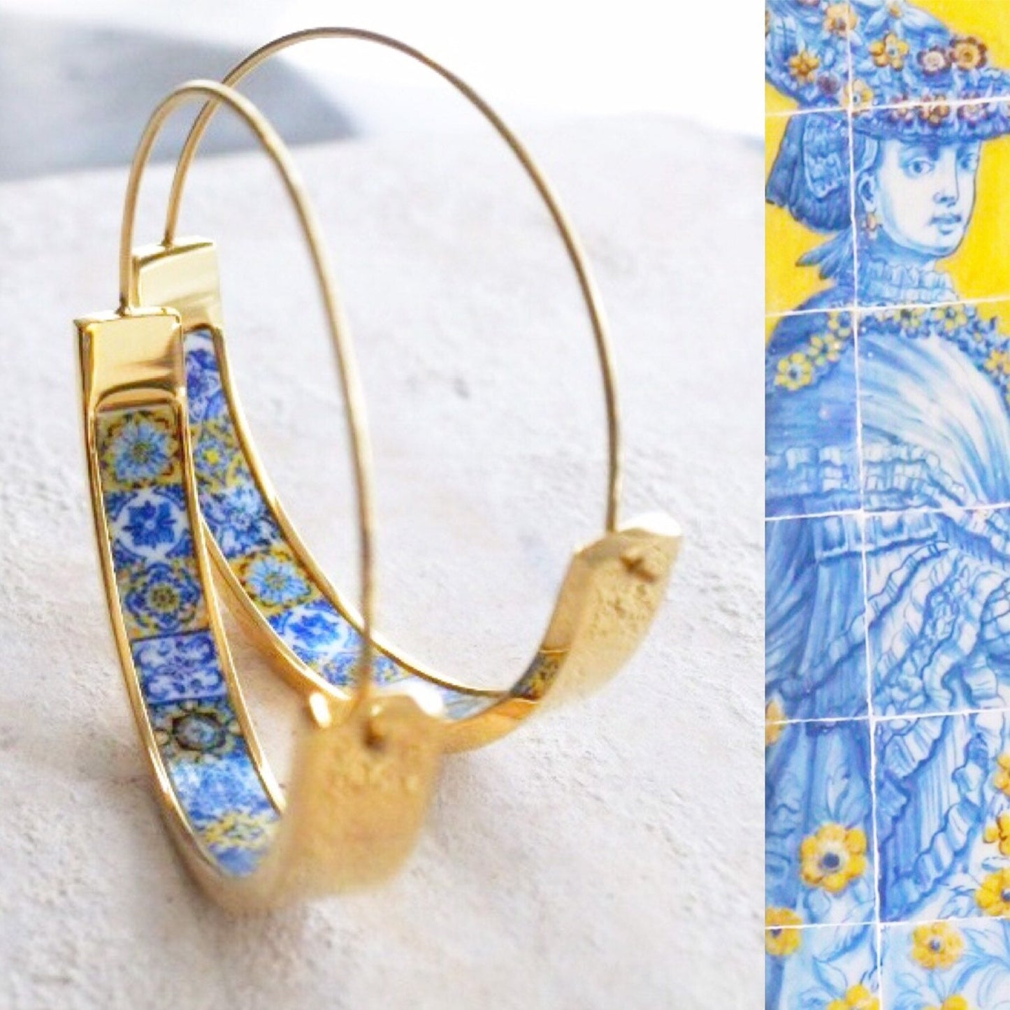 Hoops Earrings Atrio Tile Flat Bottom Portugal Stainless Steel Azulejo - 1.5" Blue Gold 16 - 17th Century Tiles USA Shipping