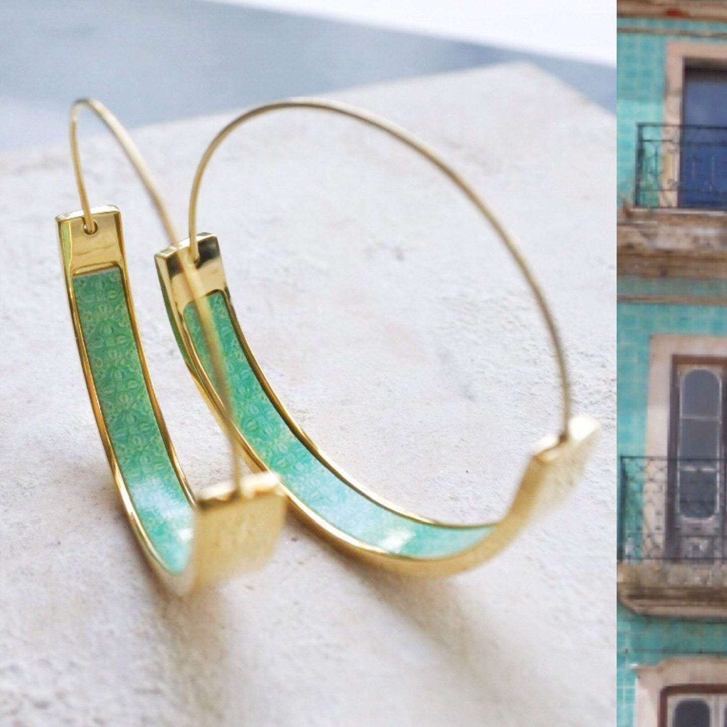 Hoop Earrings Atrio Portugal Tile Turquoise Azulejo Caldas da Rainha Persian Tiles Gift Boxed SOLID Stainless Steel Hypo Allergenic 1.50”