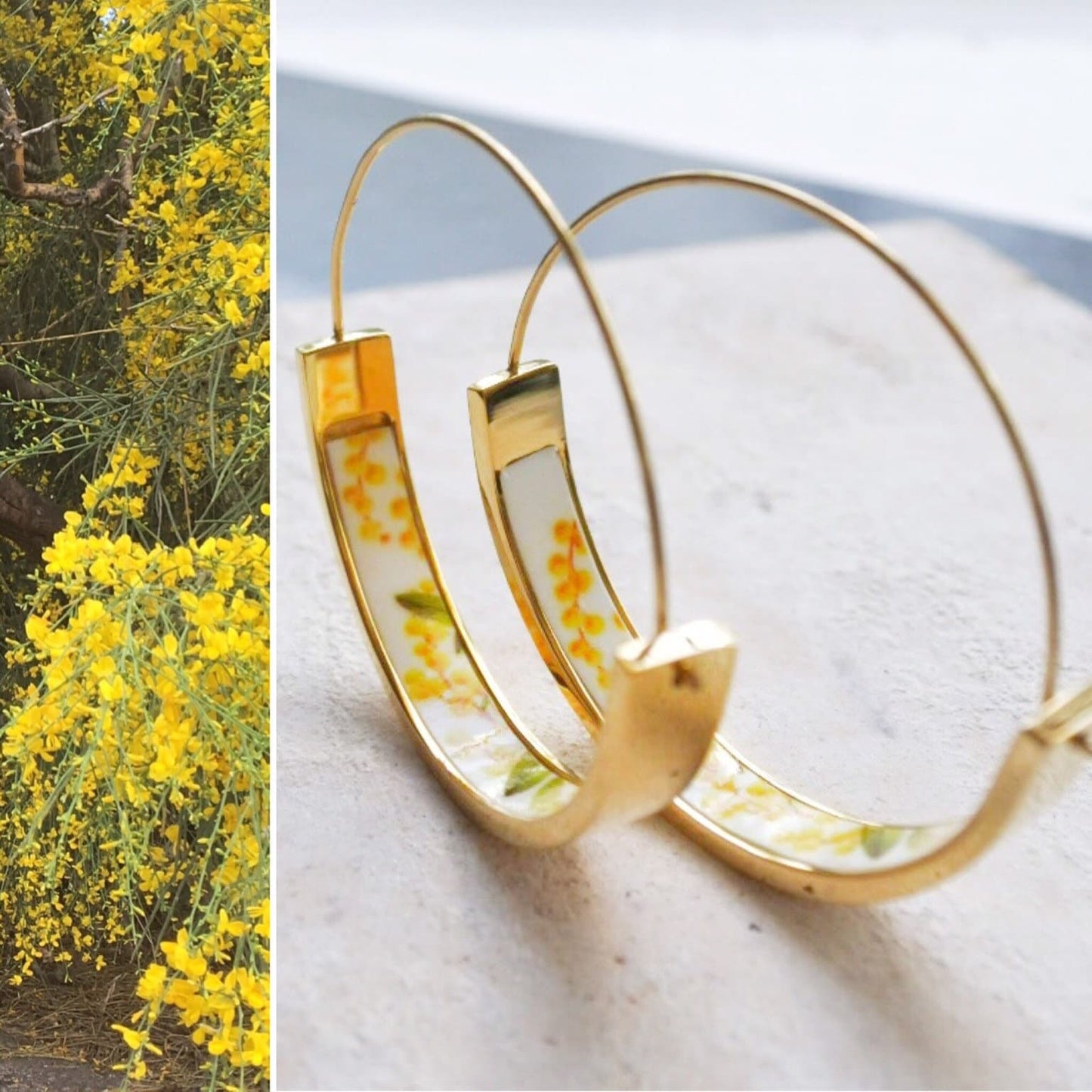 Hoops Earrings Atrio MIMOSA Yellow Flowers Portugal Stainless Steel Acacia - 1.5" Orrechini Italy Italian Ships from USA