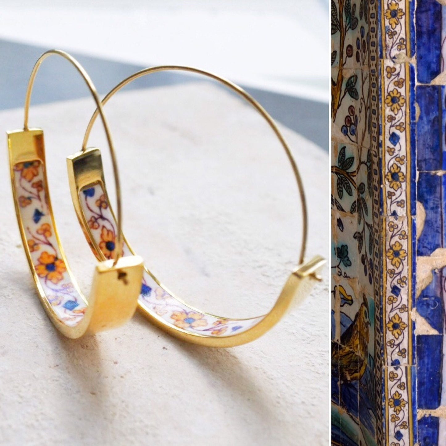 Hoops Earrings Atrio Tile Portugal Stainless Steel Azulejo 1.50" The Palace of the Marquesses of Fronteira Ships from USA