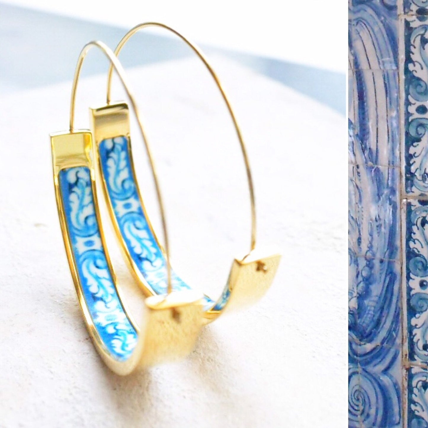 Hoops Earrings Atrio Flat Bottom Tile Blue Stainless Steel Portugal Azulejo University Evora Hidden Treasure 1.50" USA Shipping