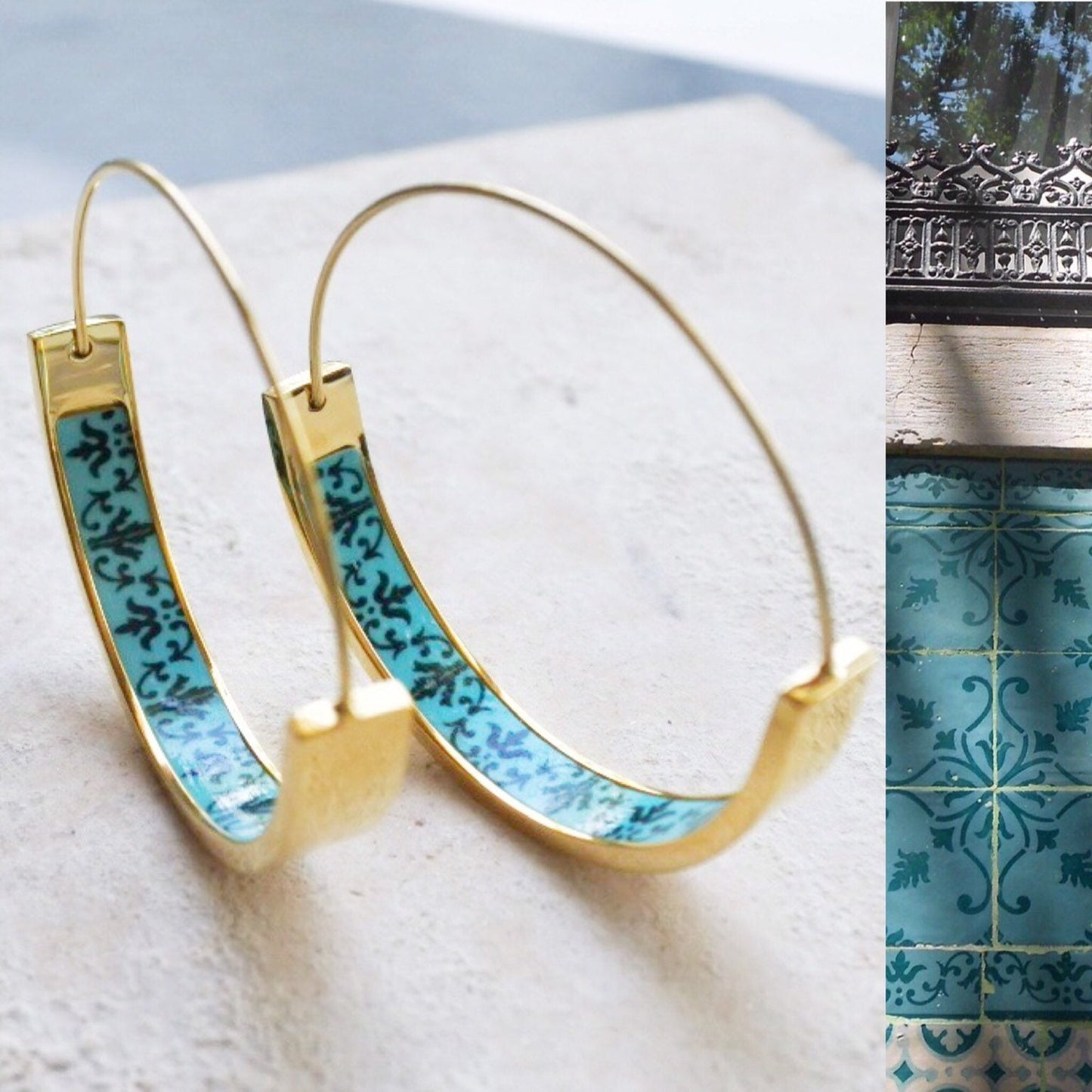 Hoops Earrings ATRIO Hoops Tile Portugal Stainless Steel Antique Azulejo - 1.50" Sea Green Border, Lisbon Hypo allergenic Aqua