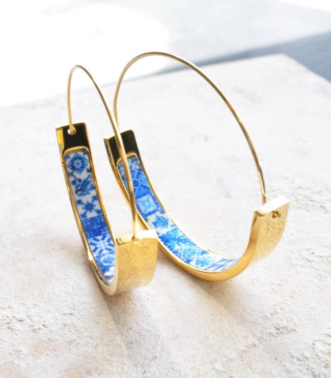 Hoops Atrio Earrings Tile Portugal Stainless Steel Flat Bottom Antique Azulejo - 1.50" Blue and White Tiles USA Shipping