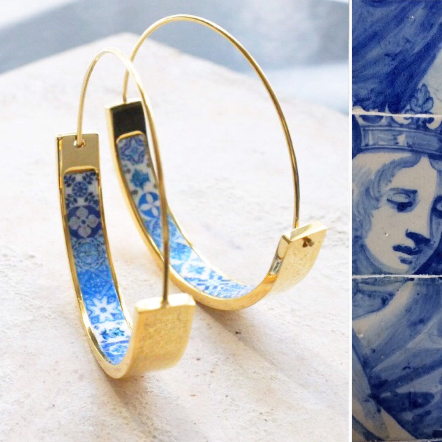 Earrings Atrio Jewelry Hoops Tile Portugal Stainless Steel Azulejo 1.50" Blue Gold 16 - 17th Century Ships from USA