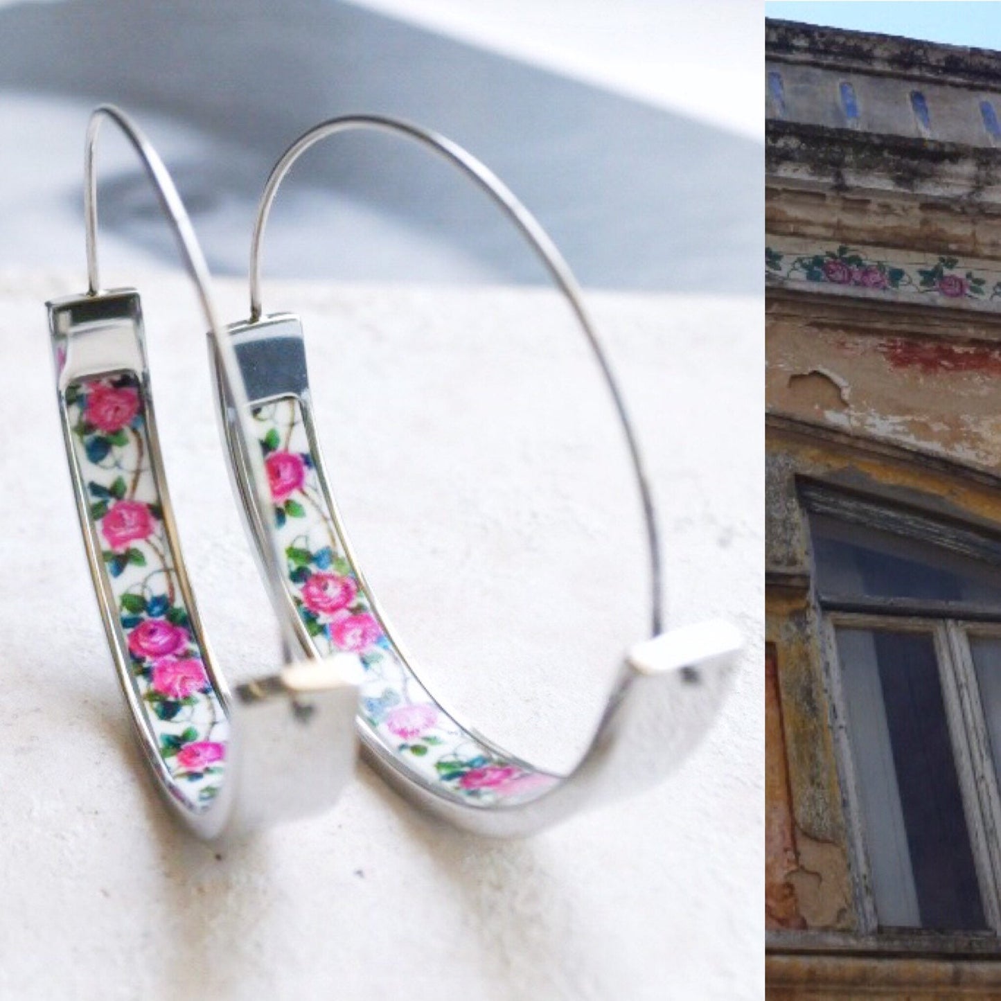 HOOPS Earrings Atrio Tile Portugal Roses Stainless Steel Antique Azulejo 1.5" Delicate Setubal Abandoned Building Ships from USA
