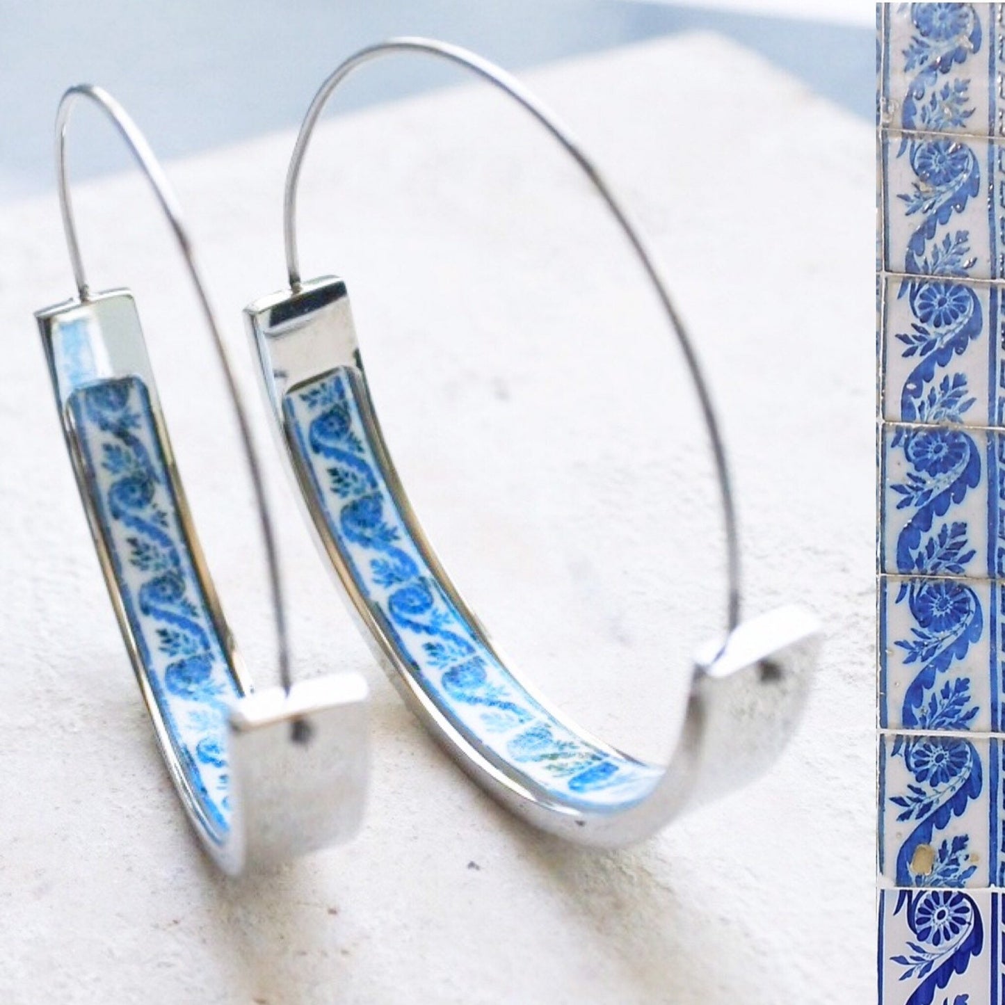 Hoops Earrings Tile Portugal Atrio STAINLESS STEEL Antique Azulejo - 1.50" BRAgA Blue Border! Hypo Allergenic USA shipping