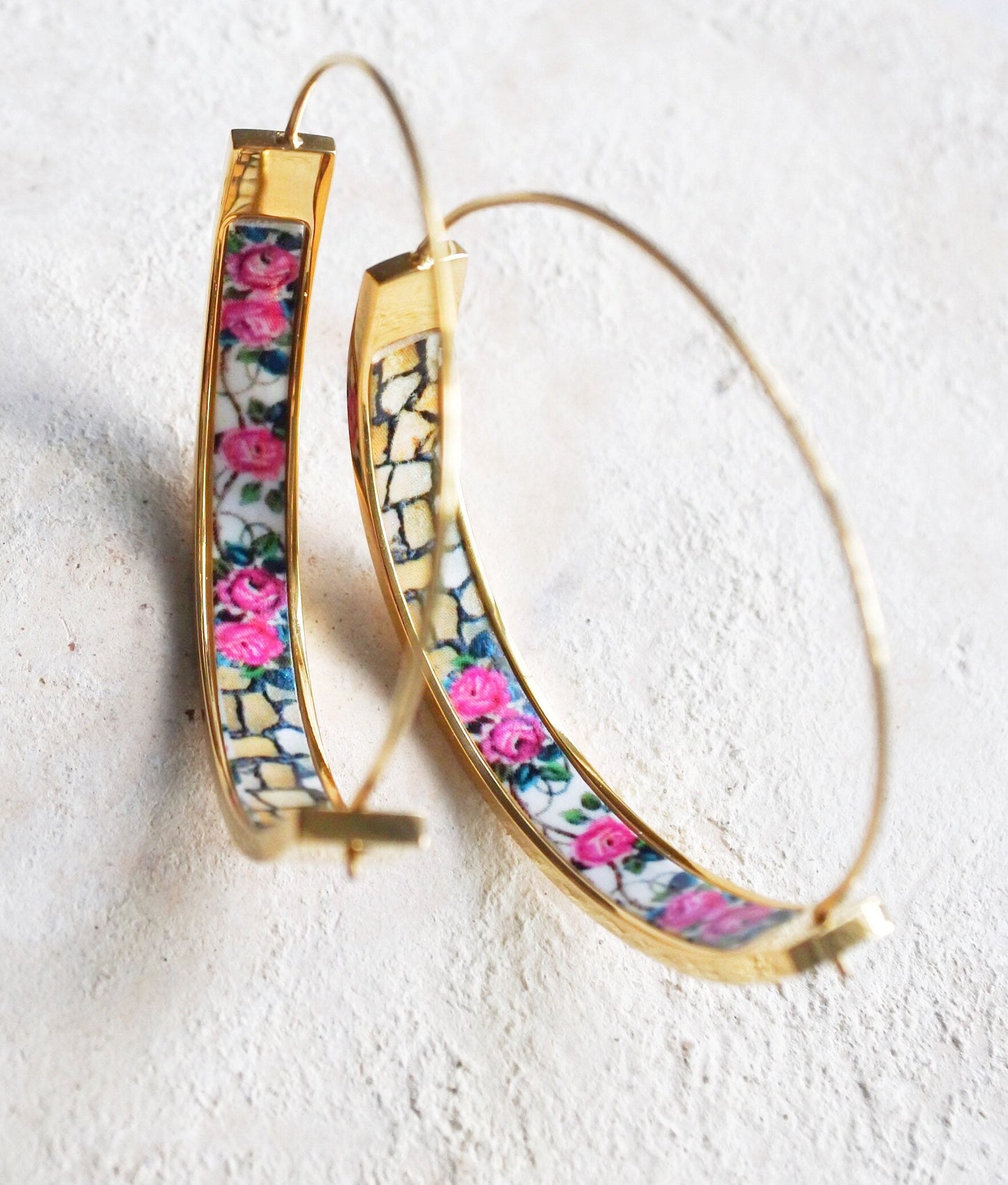 HOOPS Earrings Atrio Tile Portugal Roses Fusion Cobblestone Calçada Portuguesa Stainless Steel Azulejo 1.5" Delicate Ships from USA