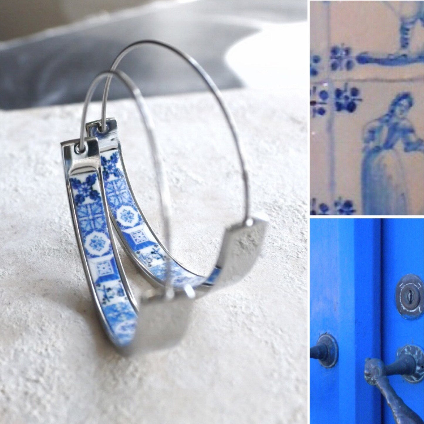 Earrings ATRIO Hoops Tile Portugal Stainless Steel Antique Azulejo - 1.50" Blue Tiles USA Shipping
