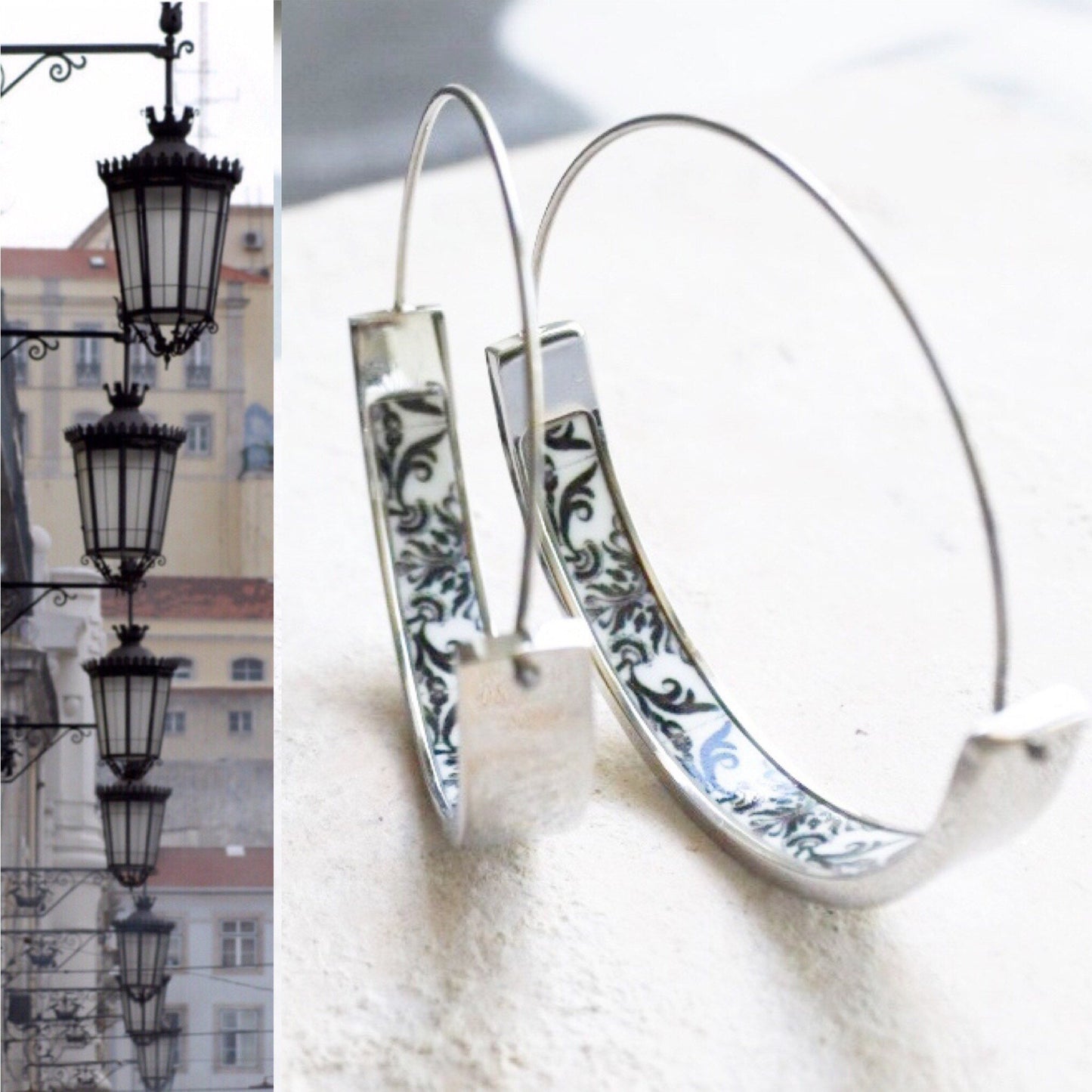 Atrio Hoops Earrings Black White Tile Portugal Antique Azulejo STAINLESS Steel Hypoallergenic Church of Mercy PoRTO Ships from USA 1.50”