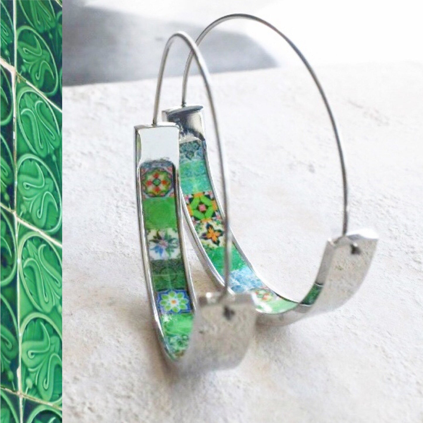 Earrings ATRIO Hoops Tile Portugal Stainless Steel Antique Azulejo - 1.50" Green Tiles USA Shipping