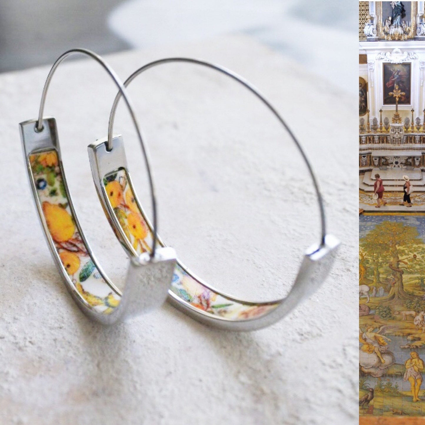 Atrio Hoops Earrings Capri Italy Italian LEMONS Church of St. Michael Anacapri 1761 Maoilica Majolica 1.50" Stainless Steel Hypoallergenic