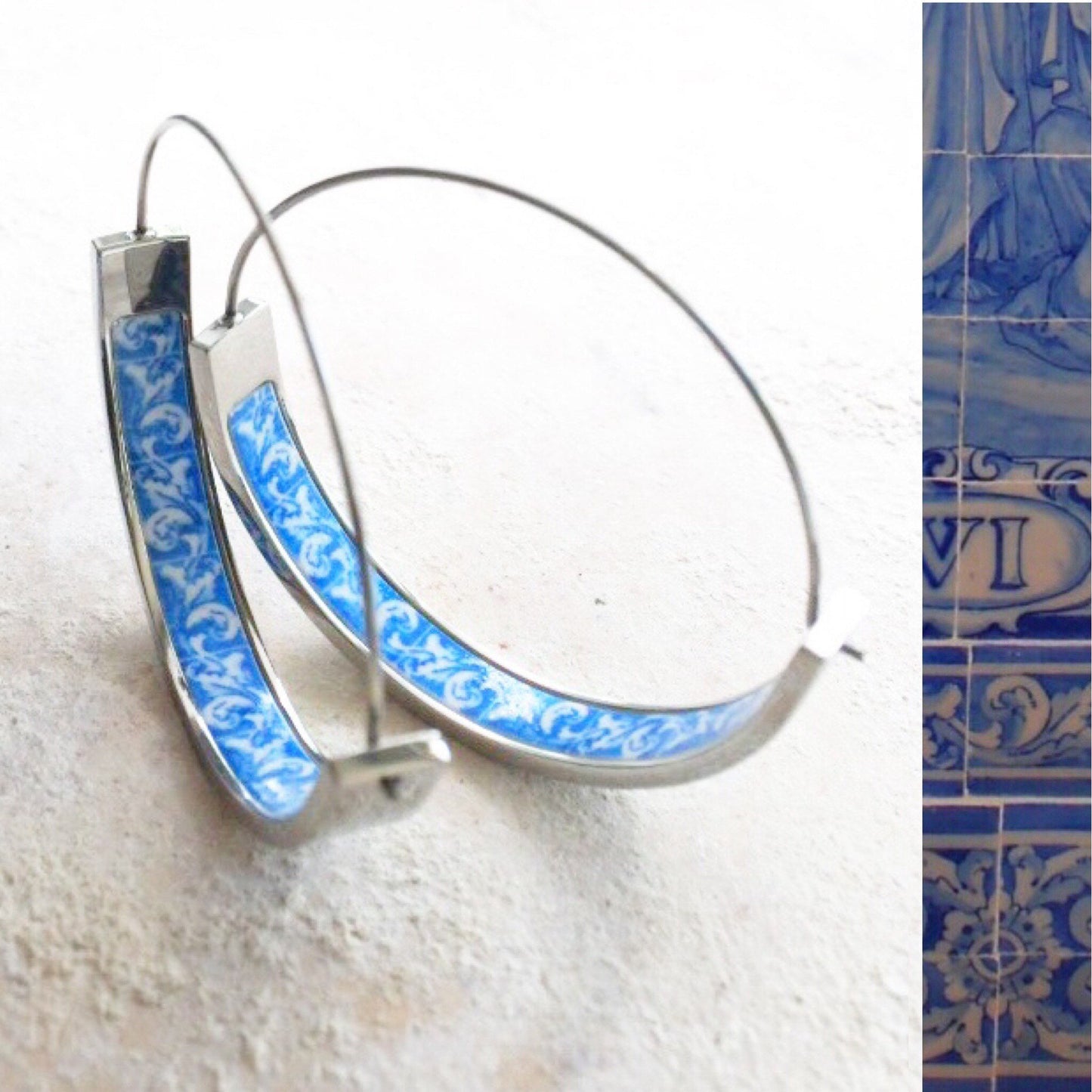 Hoop Earrings Portugal Tile Atrio Stainless Steel Azulejo 1.50" - Évora Chapel of the Bones 16th Century - USA Shipping