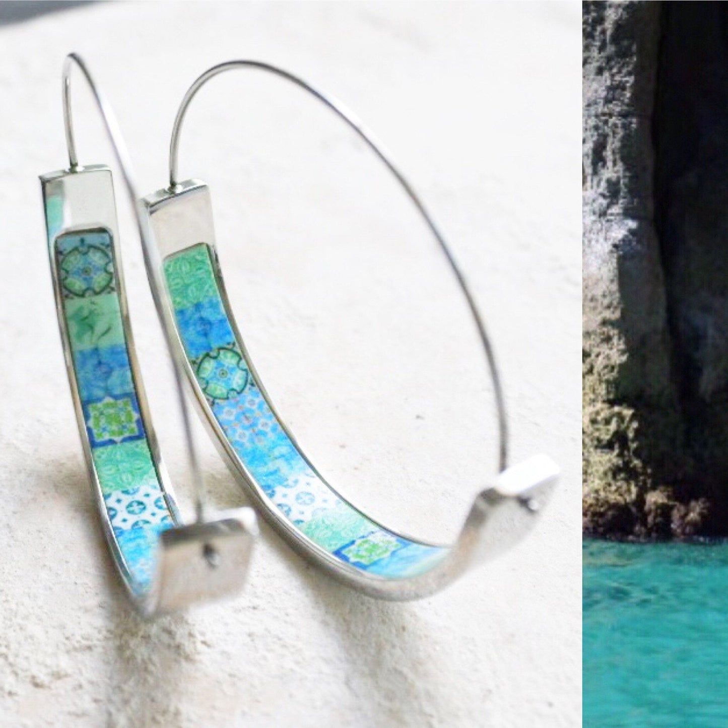 Hoop Earrings Atrio Portugal Tile Azulejo TURQUOISE Persian Tiles Gift Boxed SOLID Stainless Steel Hypo Allergenic 1.50" Gypsy Bohemain