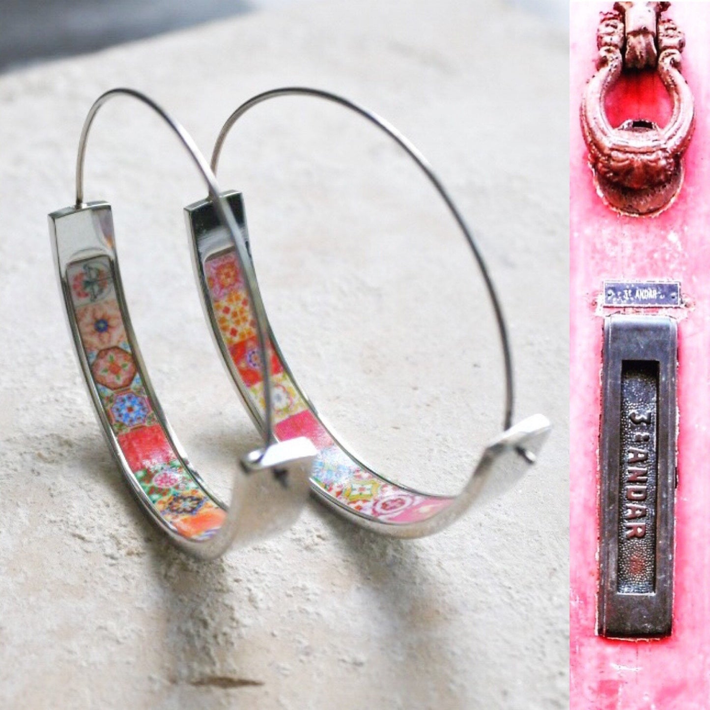 Earrings ATRIO Hoops Tile Portugal Stainless Steel Antique Azulejo - 1.50" Pink and Red Tiles USA Shipping