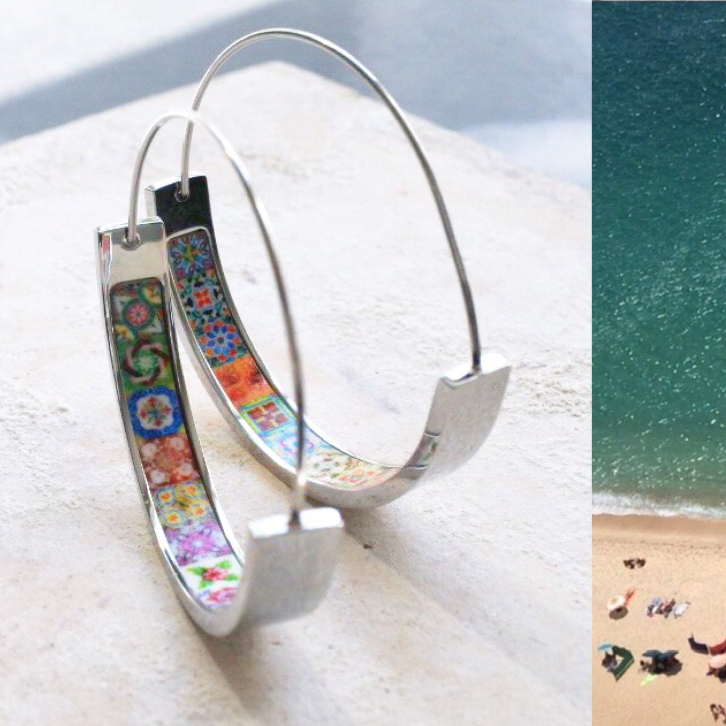 Earrings Atrio Hoops Tile Portugal Stainless Steel Antique Azulejo - 1 .50" Red Green Blue Tiles USA Shipping