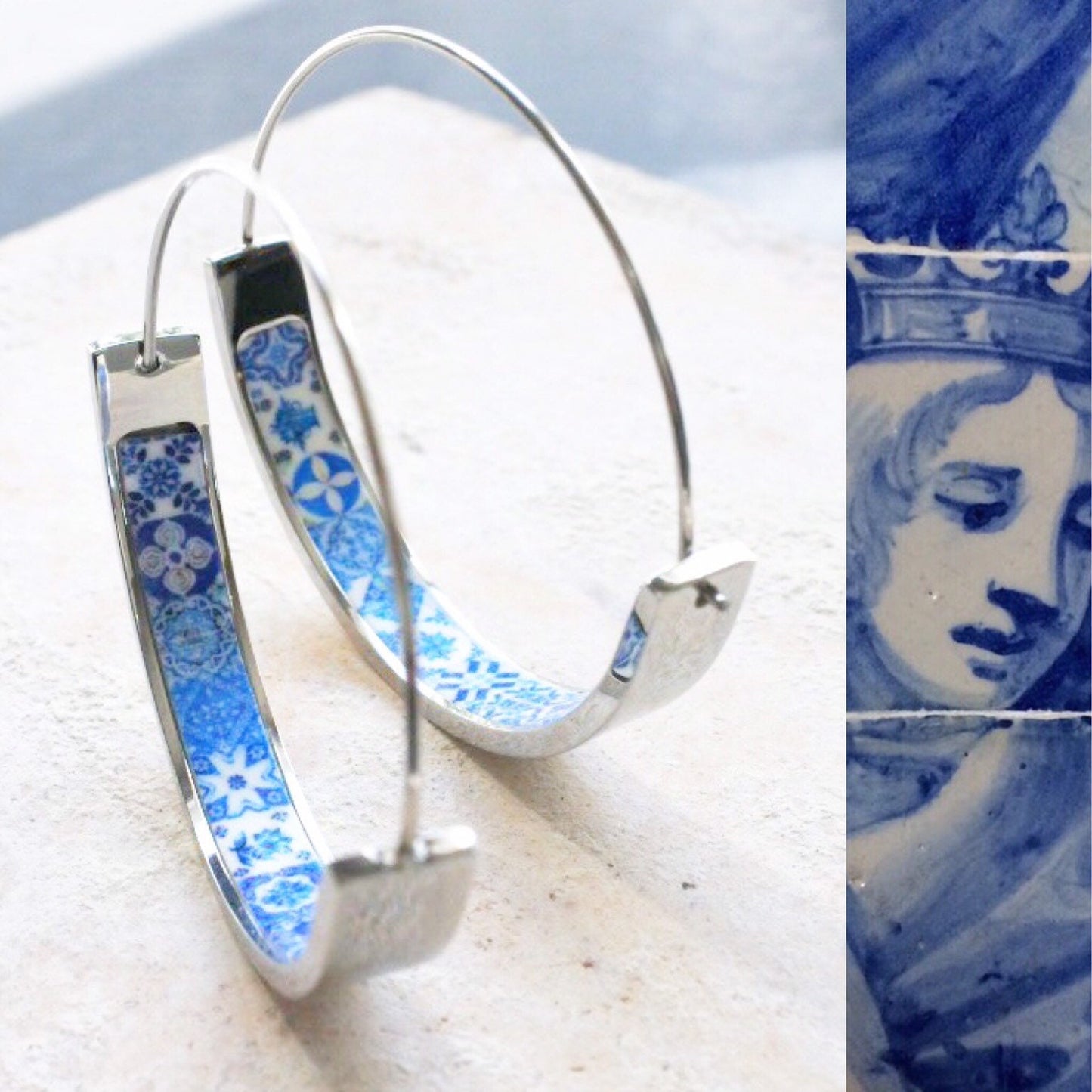 Earrings ATRIO Hoops Tile Portugal Stainless Steel Antique Azulejo - 1 1/2" Blue White Tiles USA Shipping
