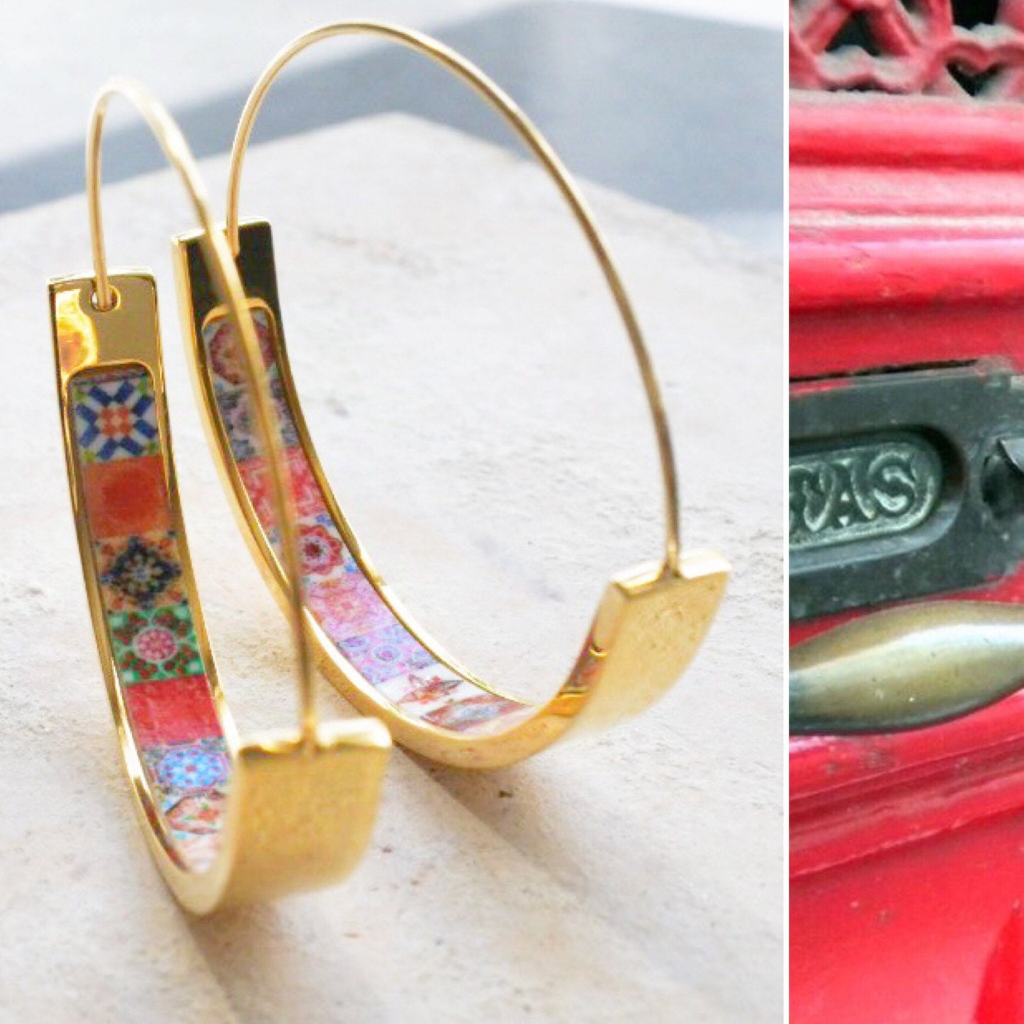 Earrings Atrio Hoops Tile Portugal Stainless Steel Antique Azulejo - 1.50" Bold Color Talavera Tiles USA Shipping