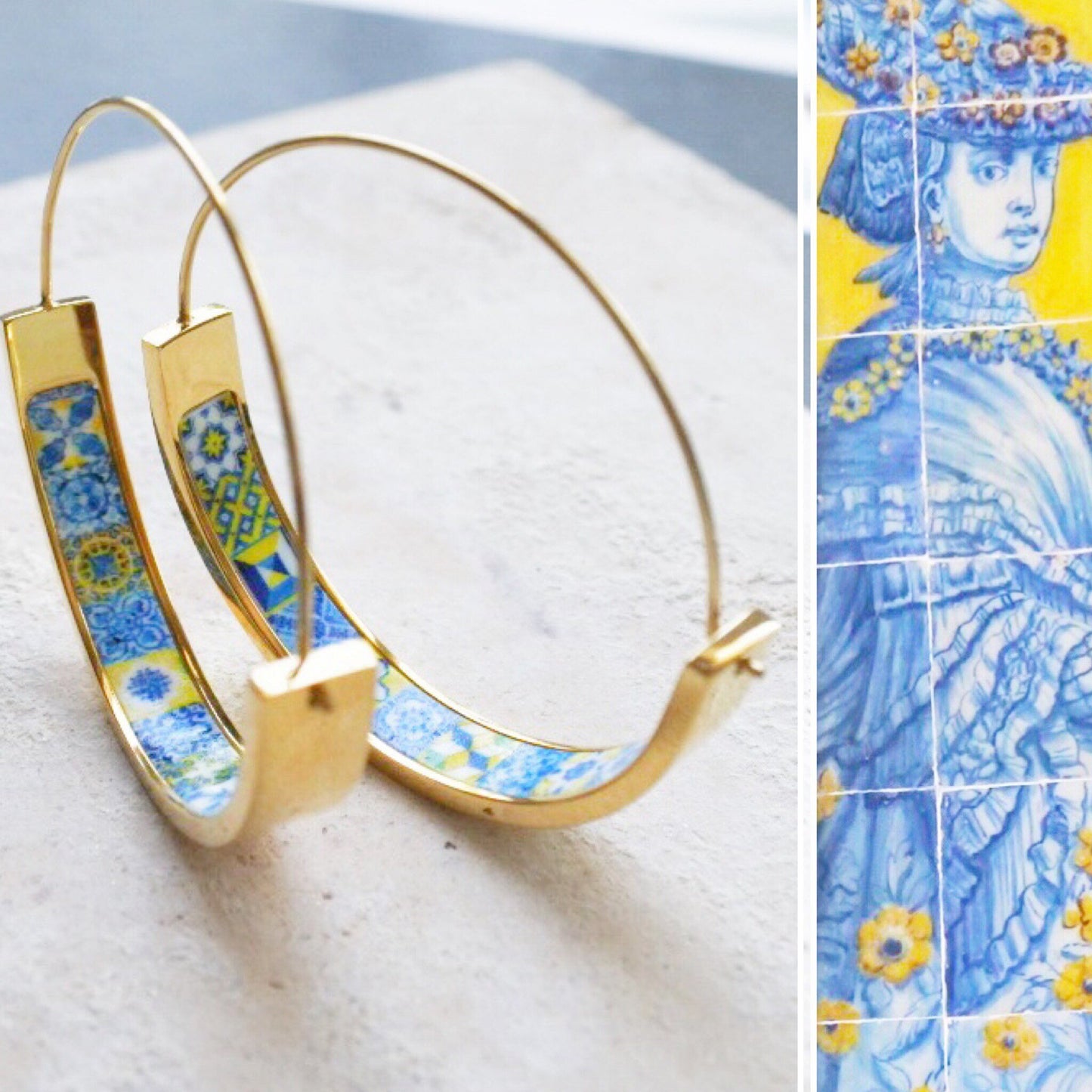 Hoops Atrio Earrings Tile Portugal Stainless Steel Flat bottom Antique Azulejo - 1.50 Blue and Yellow Tiles USA Shipping