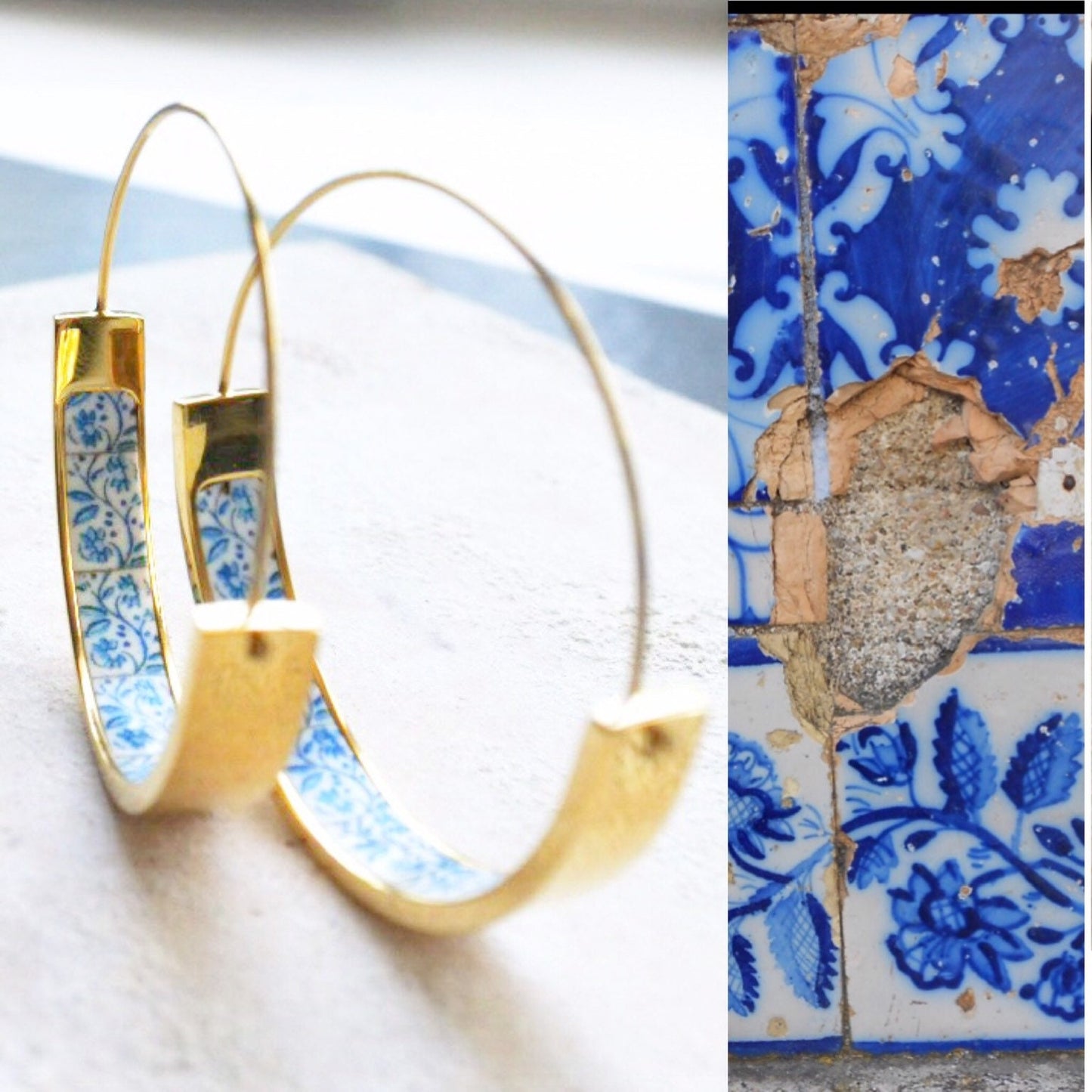 Hoop Earrings Portugal Tile Atrio Stainless Steel Azulejo Barcelos Blue Border Hypo Allergenic Gold Tone Ships from USA 1.50"