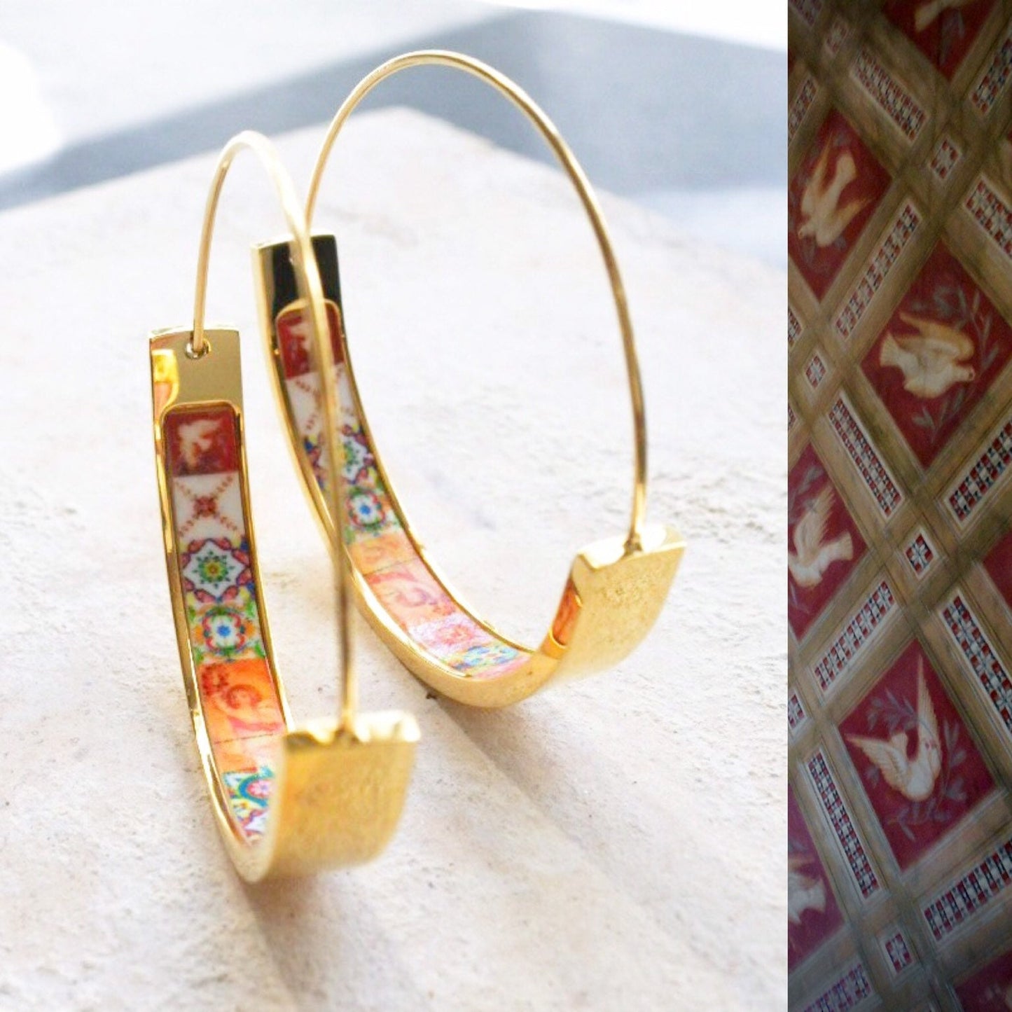 Earrings Atrio Hoops Tile Portugal Stainless Steel Antique Azulejo - 1.50" Red and Pink Tiles USA Shipping