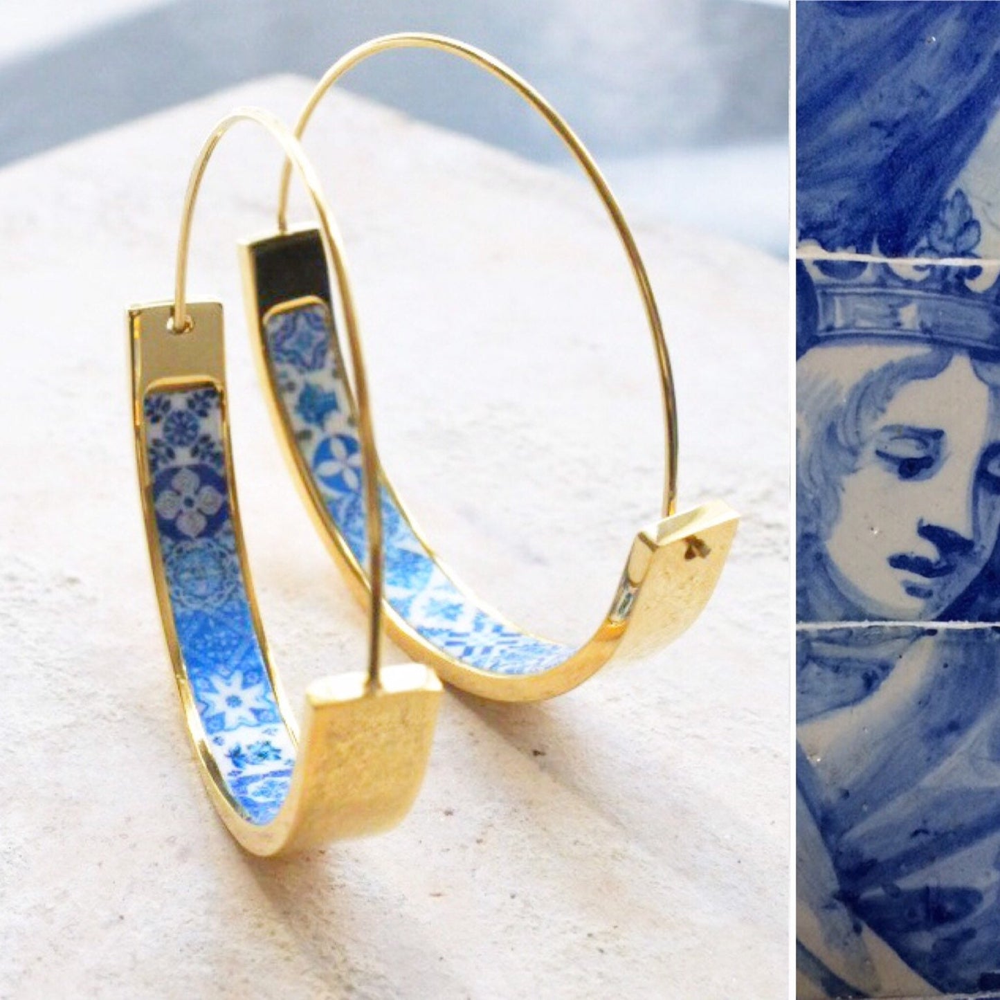 Earrings ATRIO Hoops Tile Portugal Stainless Steel Antique Azulejo - 1.50” Blue 16 - 17th Century Tiles USA Shipping