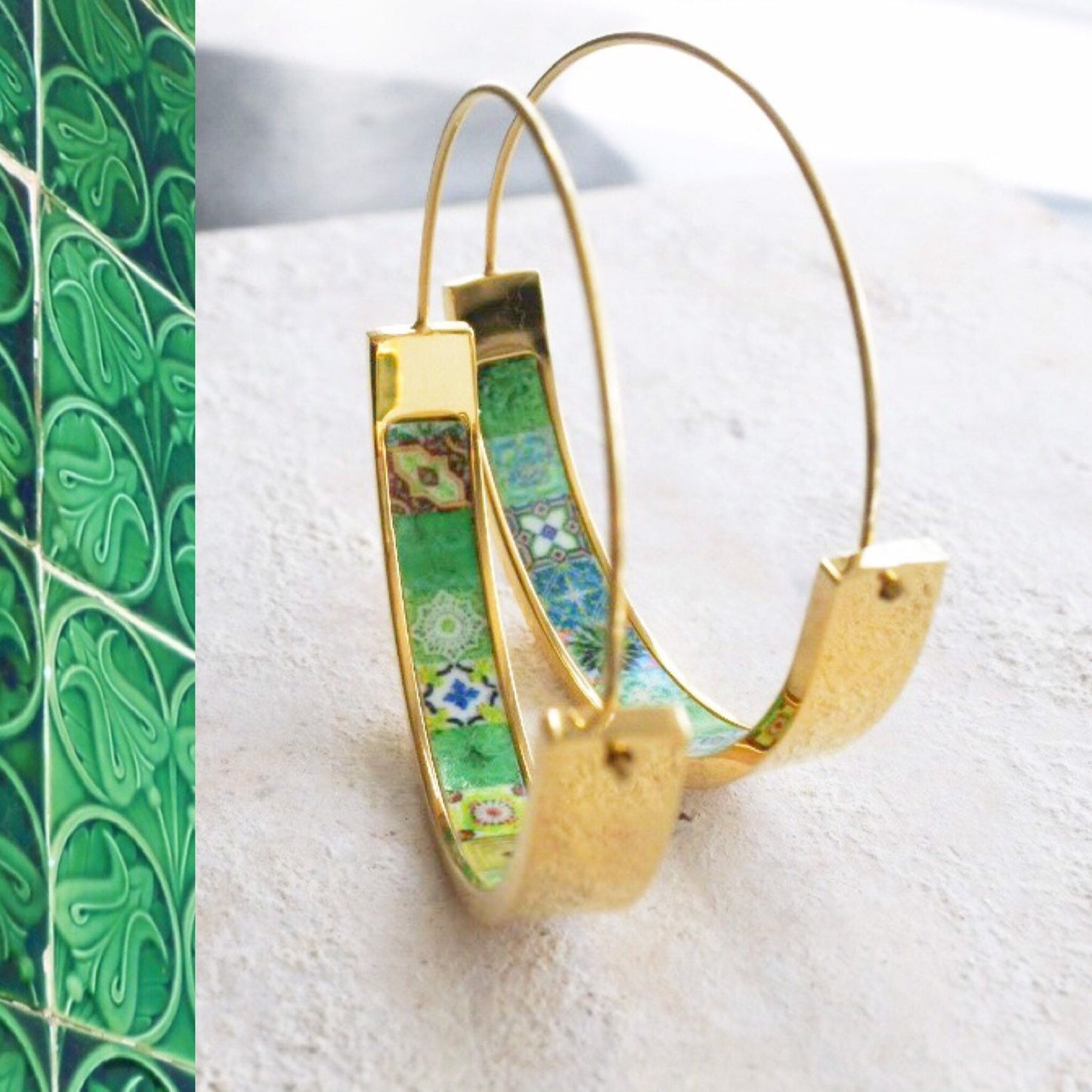 Hoops Earrings ATRIO Hoop Tile Portugal Stainless Steel Antique Azulejo - 1.50” Green Tiles Ships from USA Hypo allergenic