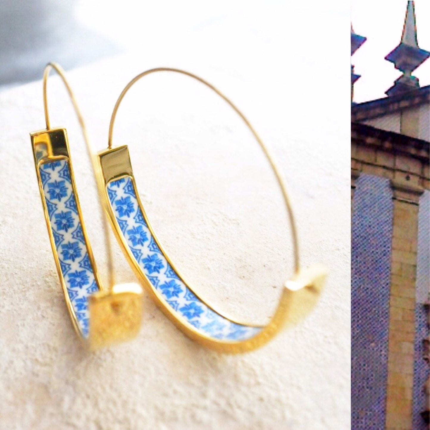 Hoops Atrio Earrings Tile Portugal Stainless Steel Flat Bottom Antique Azulejo Blue and White Tiles 1.50” Igreja de Sao Nicolau, 1671