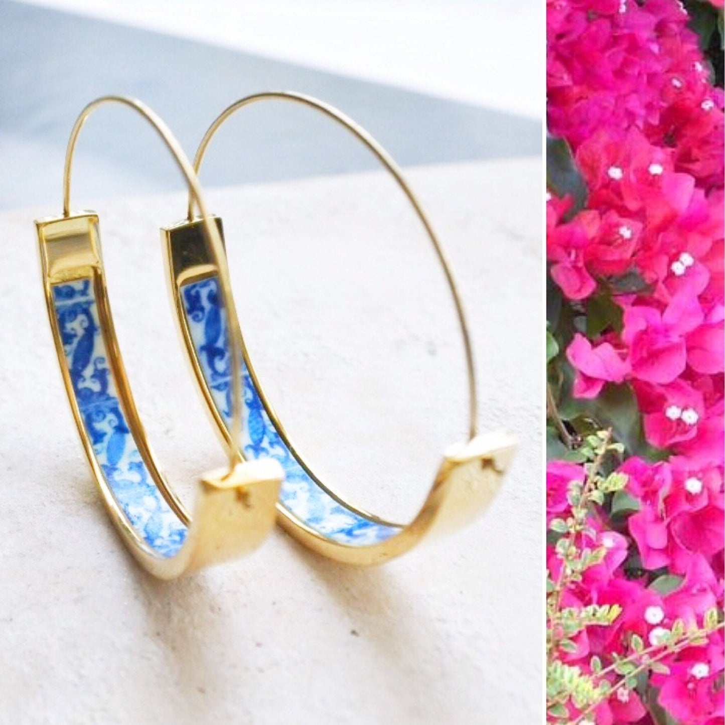 Earrings Atrio Hoops Tile Portugal Stainless Steel Azulejo - 1.50" The Palace of the Marquesses of Fronteira USA Shipping