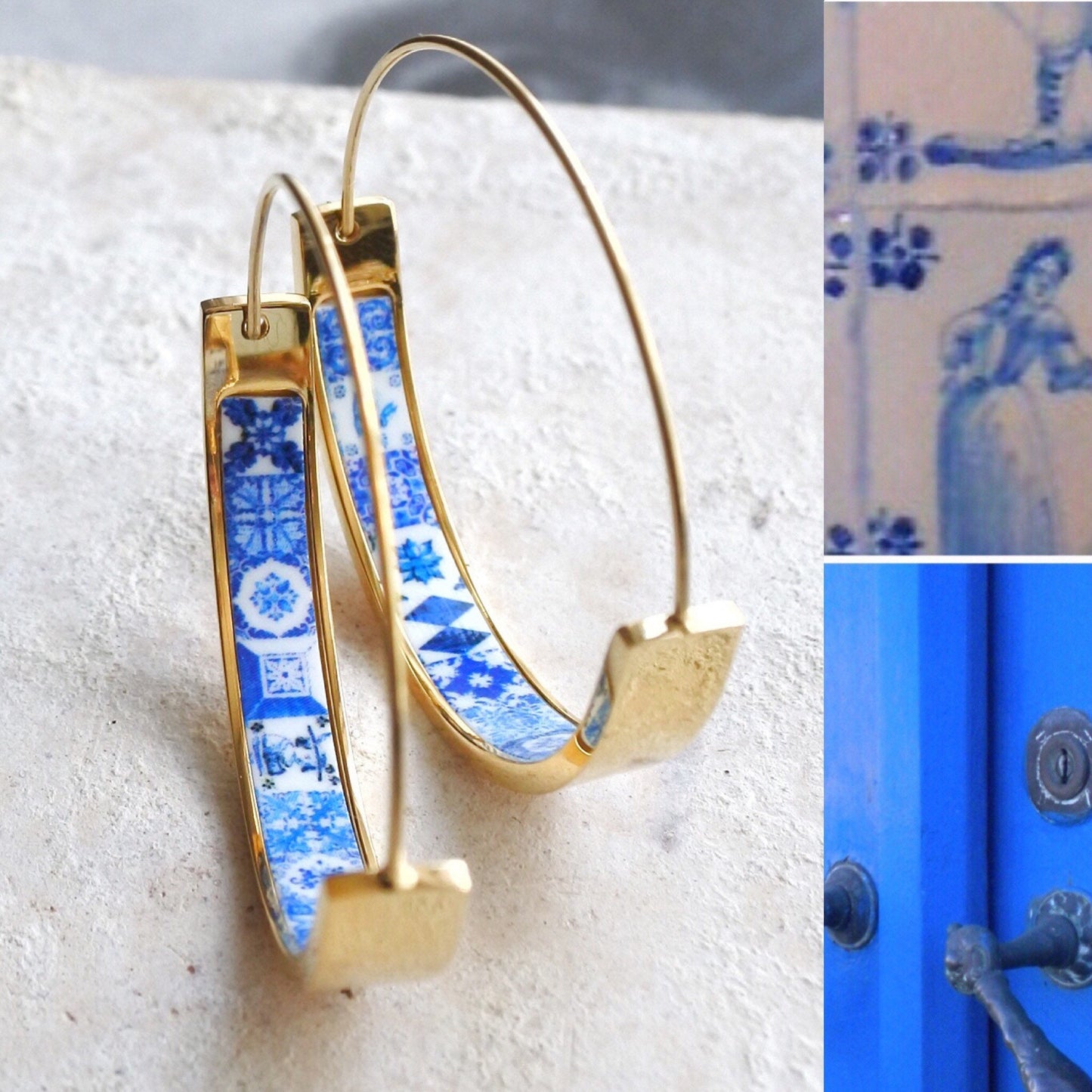 Hoops Earrings Atrio Tile Flat Bottom Portugal Stainless Steel Antique Azulejo - 1.5" Blue Tiles USA Shipping Pinterest Mother’s Day