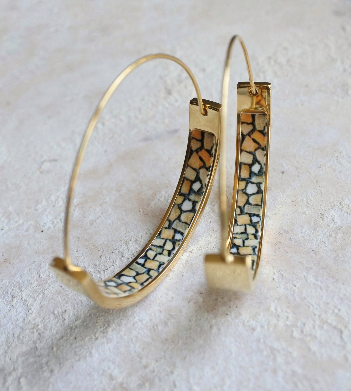 HOOPS Earrings Atrio Tile Portugal Cobblestone Calçada Portuguesa Stainless Steel Azulejo 1.5" Delicate Ships from USA