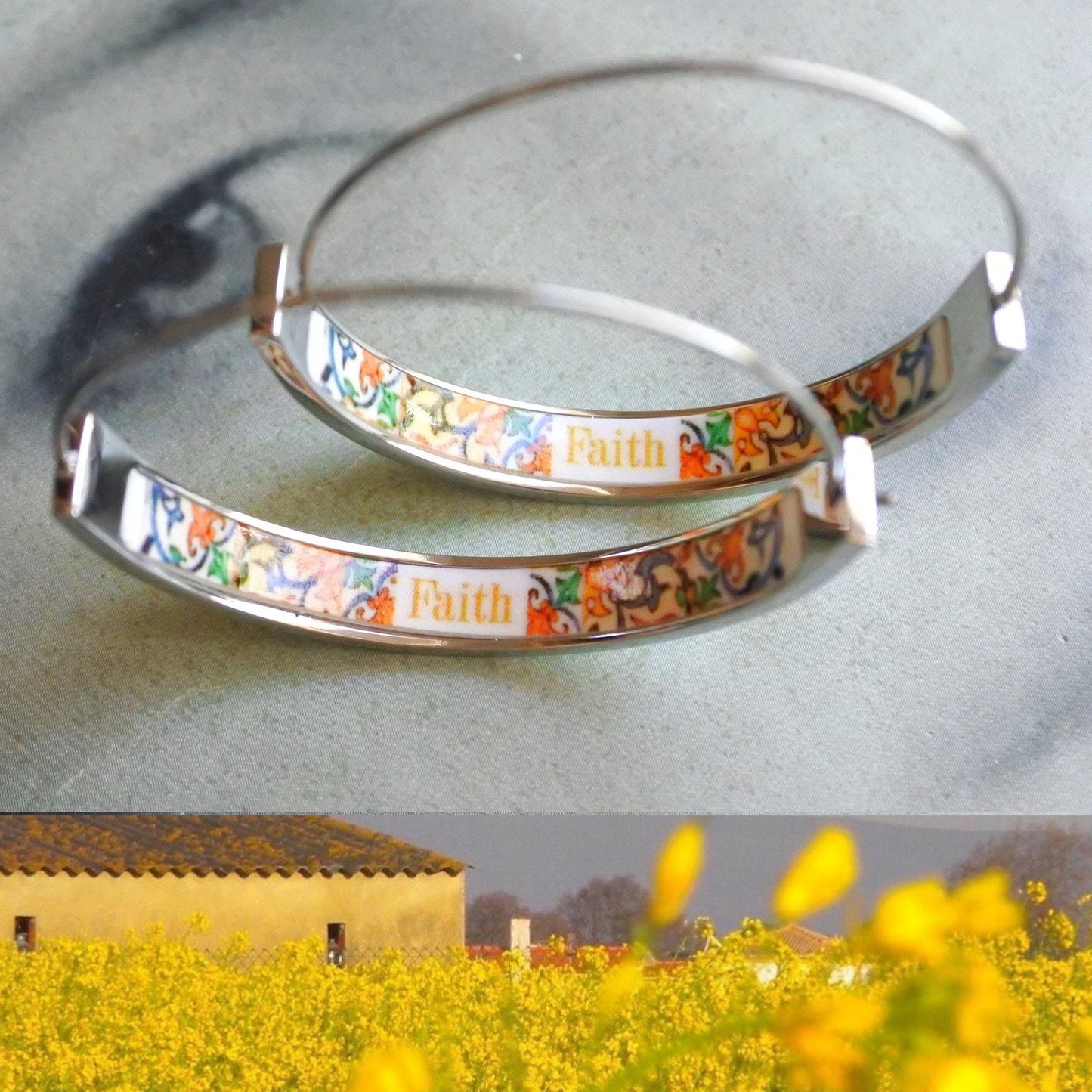 HOOP Earrings FAITH Art Atrio Portugal Tile Antique Azulejo CoIMBRA 1590 Stainless Steel 1.50" Gift Box Included - Ships from USA