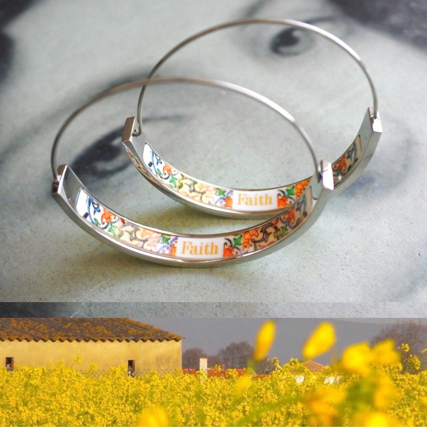 HOOP Earrings FAITH Art Atrio Portugal Tile Antique Azulejo CoIMBRA 1590 Stainless Steel 1.50" Gift Box Included - Ships from USA