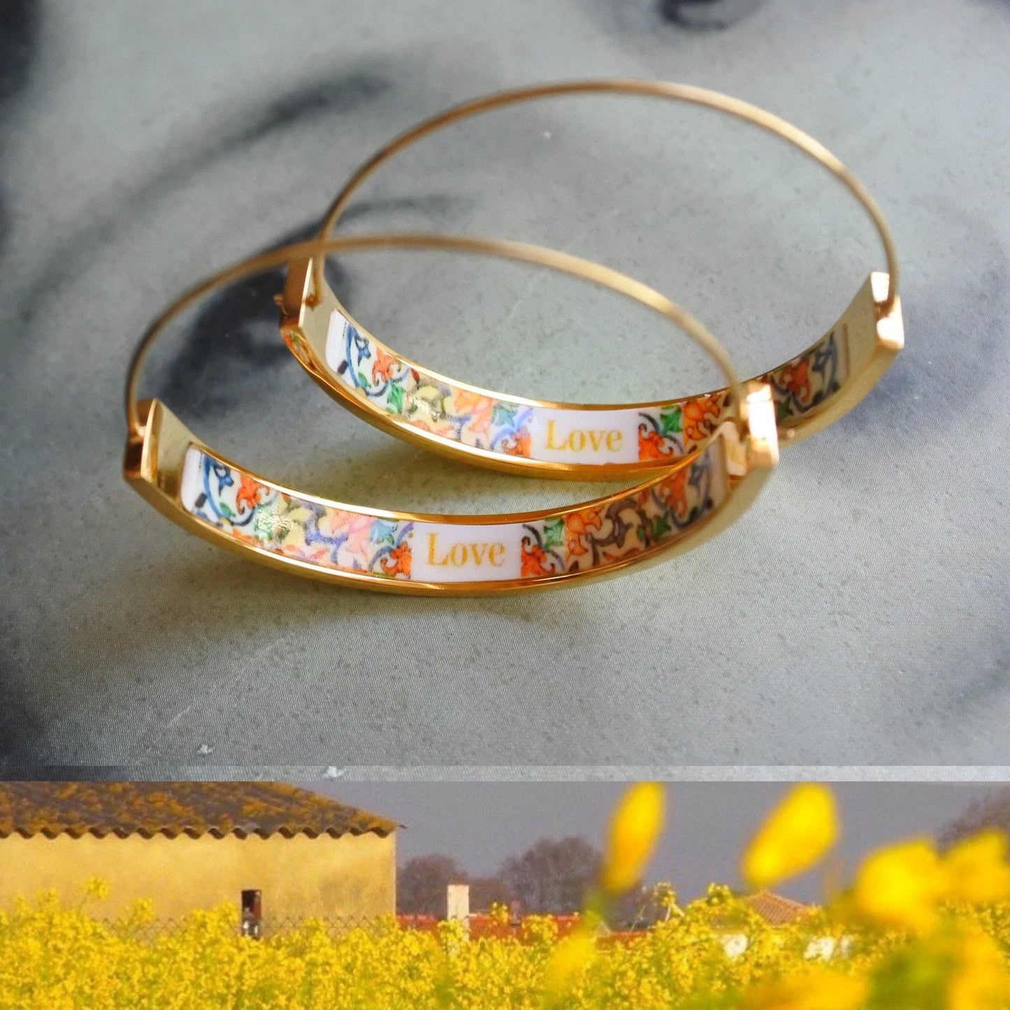HOOP Earrings LOVE Art Atrio Portugal Tile Antique Azulejo CoIMBRA 1590 Stainless Steel 1.50" Gift Box Included - Ships from USA