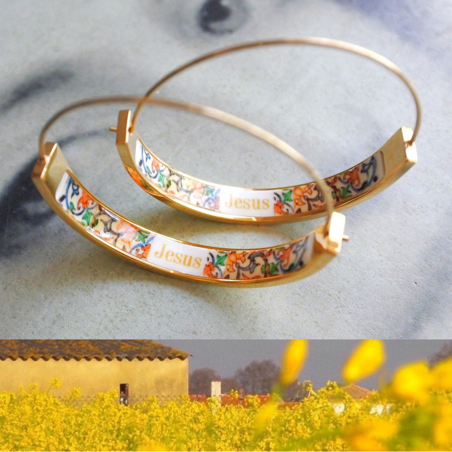 HOOP Earrings JESUS Atrio Portugal Tile Antique Azulejo Christian Art CoIMBRA 1590 Stainless Steel 1.50" Gift Box Included - Ships from USA