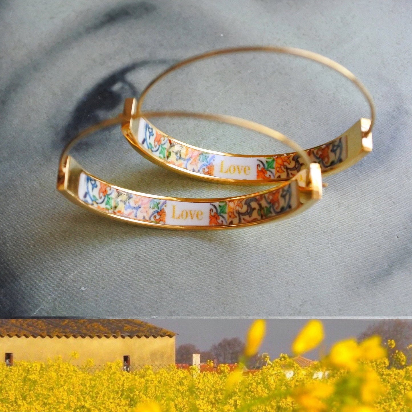 HOOP Earrings LOVE Art Atrio Portugal Tile Antique Azulejo CoIMBRA 1590 Stainless Steel 1.50" Gift Box Included - Ships from USA