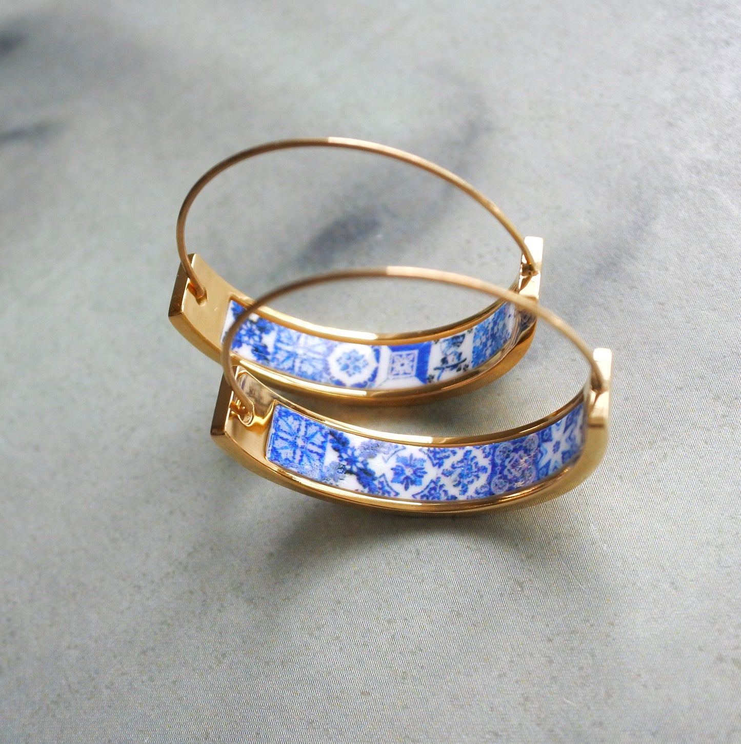 Hoops Earrings Atrio Tile Flat Bottom Portugal Stainless Steel Antique Azulejo - 1" Blue Tiles USA Shipping Girls Women Small