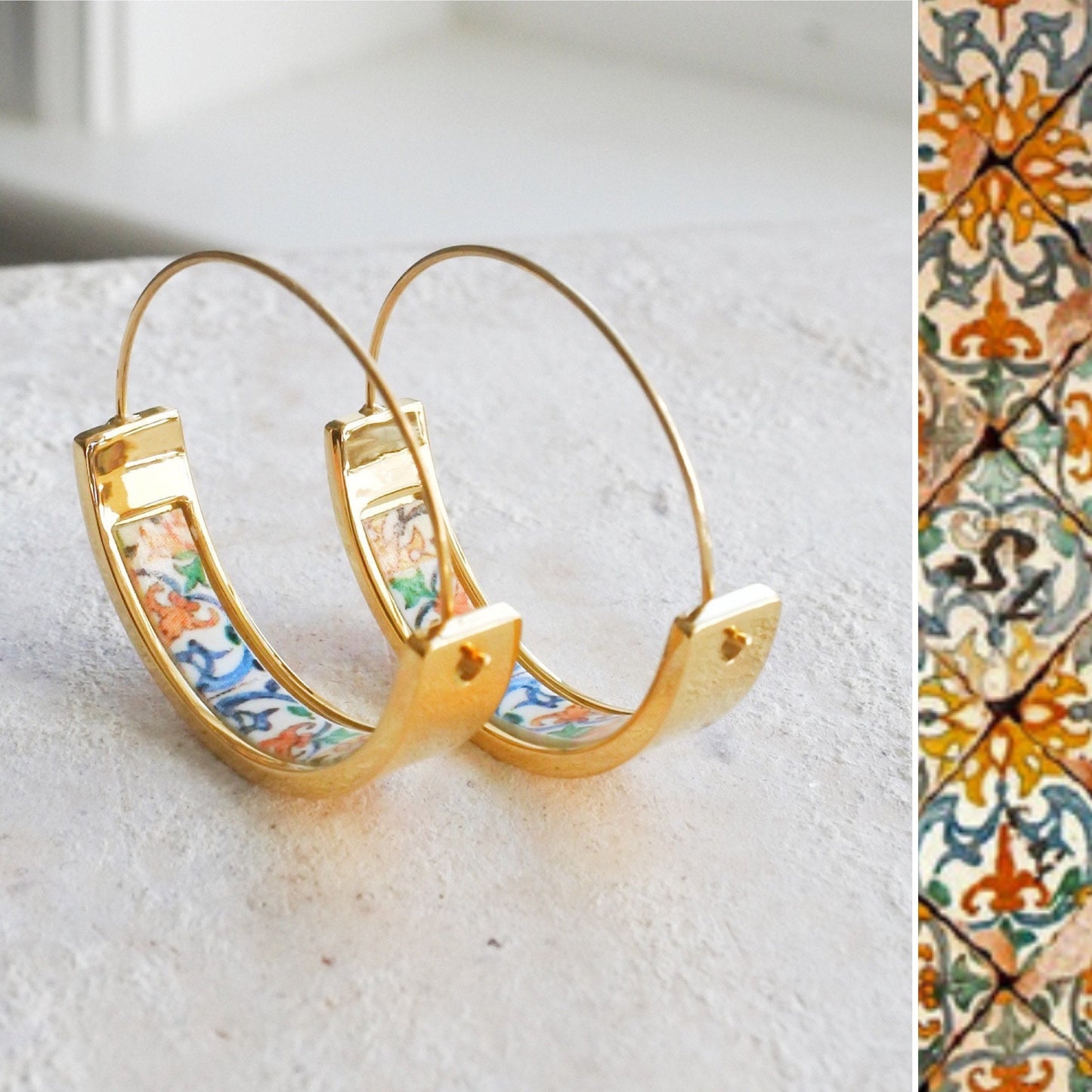 HOOP Tile Earrings by ATRIO Travel Portugal Antique Azulejo tiles dating 1590 - Stainless Steel 1" Meaningful memories small hoops