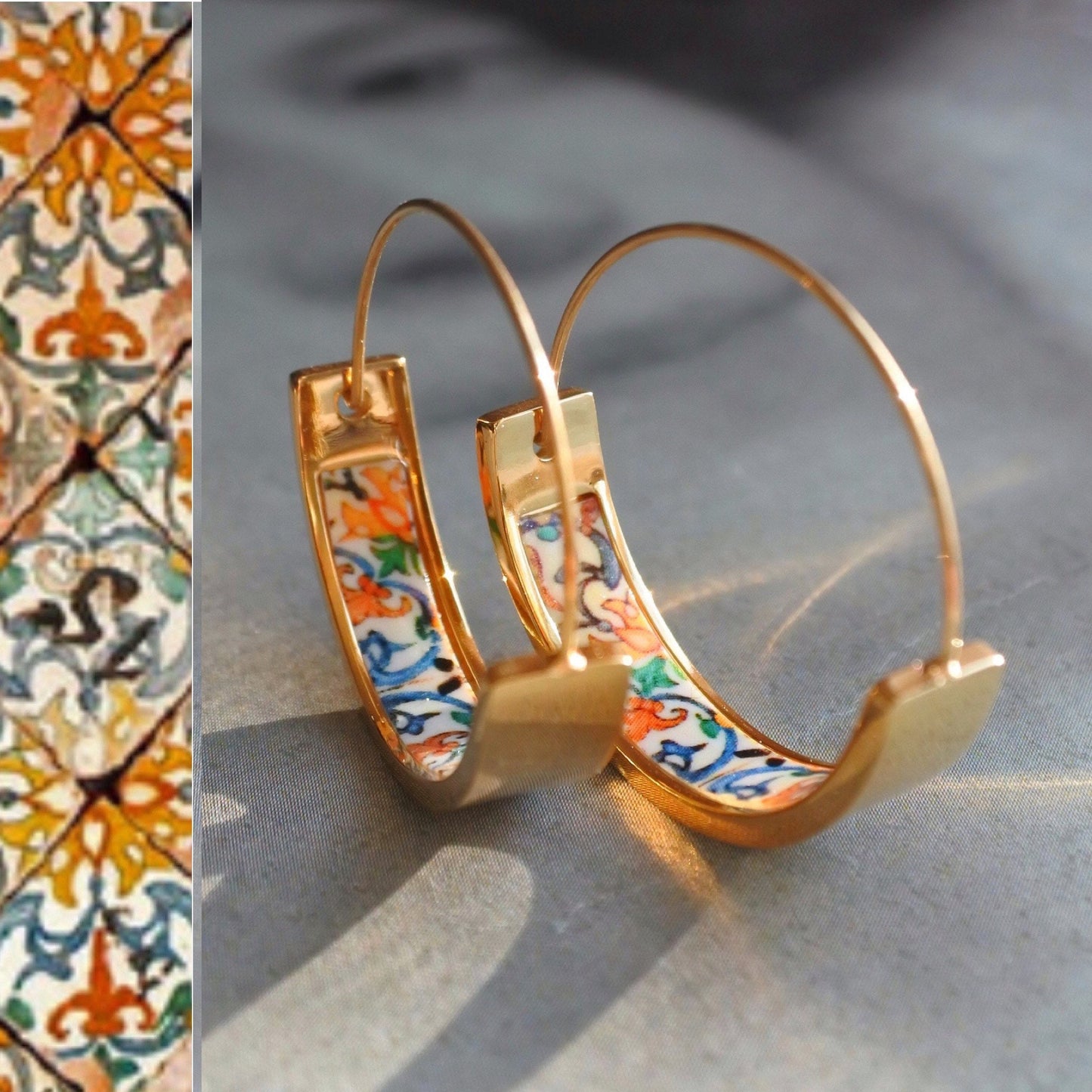 HOOP Tile Earrings by ATRIO Travel Portugal Antique Azulejo tiles dating 1590 - Stainless Steel 1" Meaningful memories small hoops