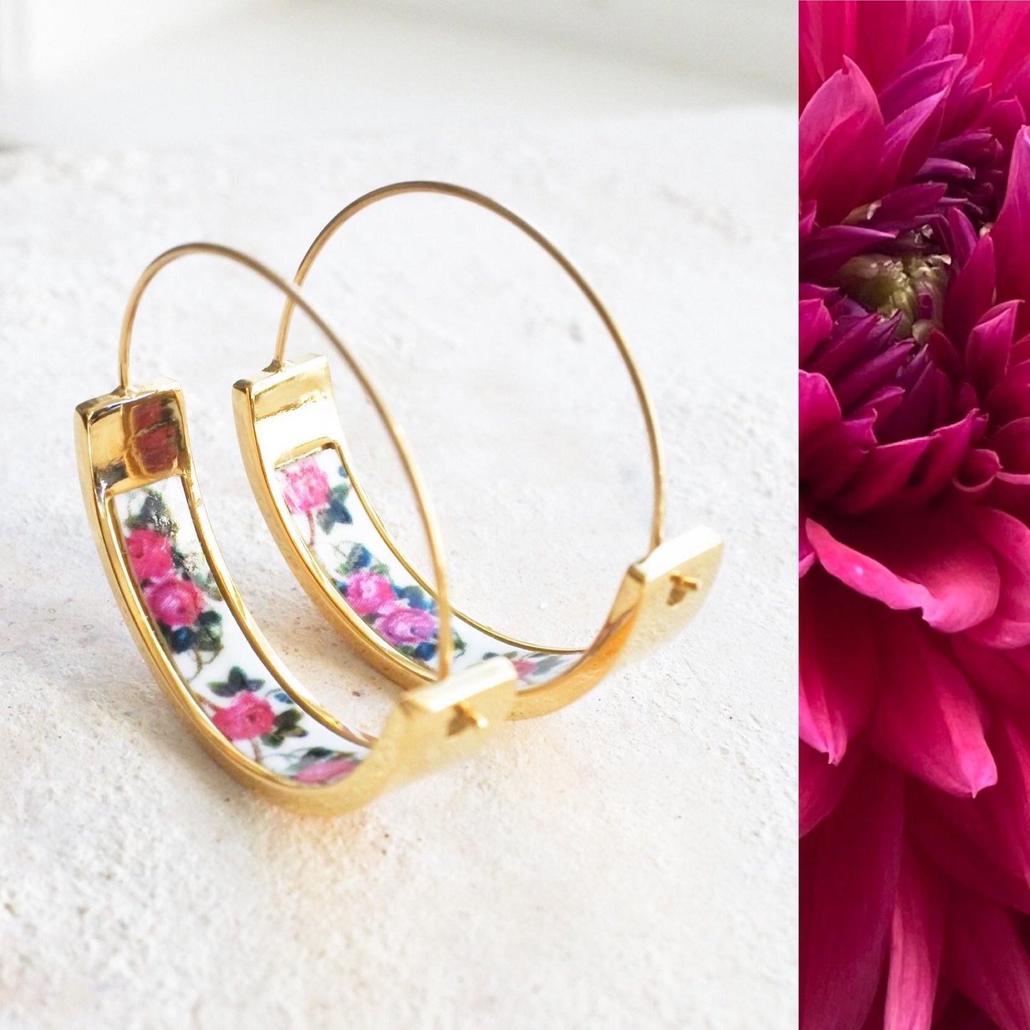 HOOPS Earrings Atrio Tile Portugal Roses Stainless Steel Antique Azulejo 1" Delicate Setubal Abandoned Building Ships from USA
