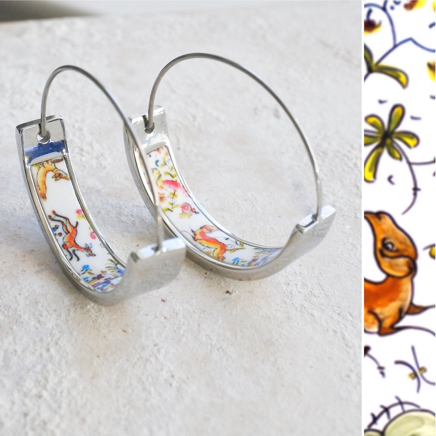 Atrio Hoop Earrings Coimbra Portugal 17th Century Pottery Ceramic DeeR Ceramicas 1" Stainless Steel Hypoallergenic Ships from USA