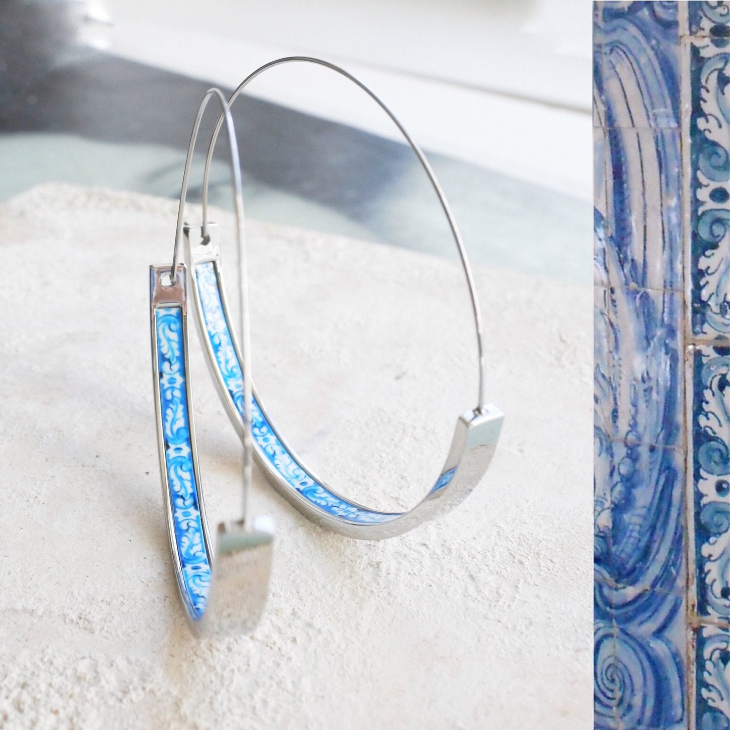 Hoops Atrio Earrings Tile STAINLESS STEEL Portugal Antique Azulejo Wire Flat Bottom University of Evora - Lightweight - 2" Silver tone