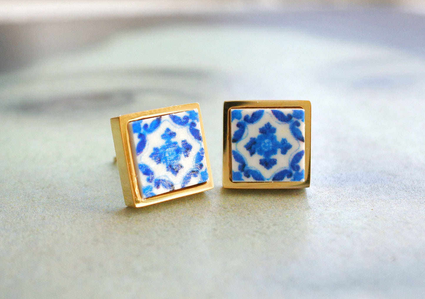 Stud Post Earrings Portugal Atrio Small Blue Tile Antique Azulejo Ovar Solid Stainless Steel - Gift Boxed Ships from USA Gold Tone
